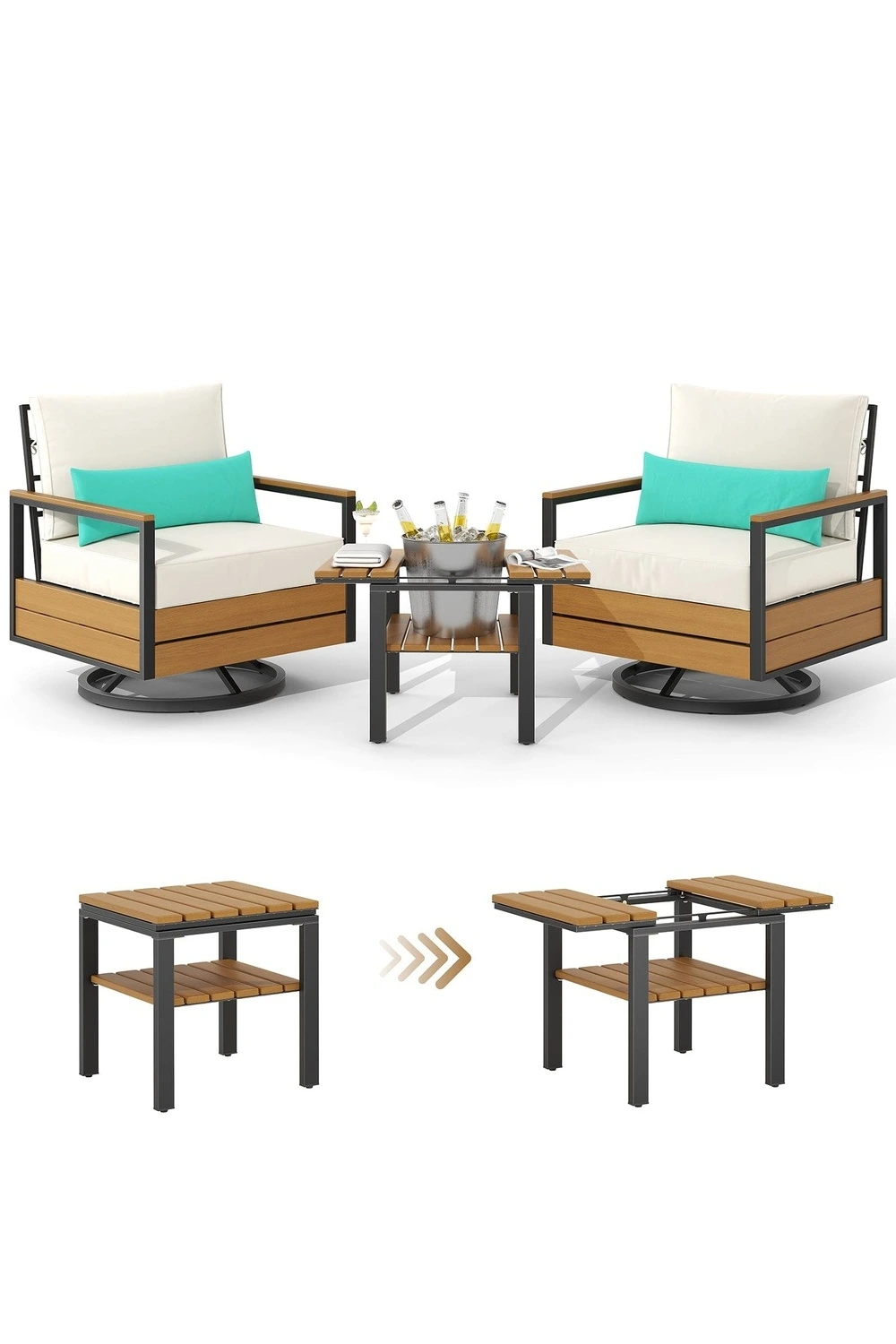 3 Piece Outdoor Patio Bistro Set with 360° Swivel Armchair Accent Chair, Thick Cushion and Sliding Table Beige — main image