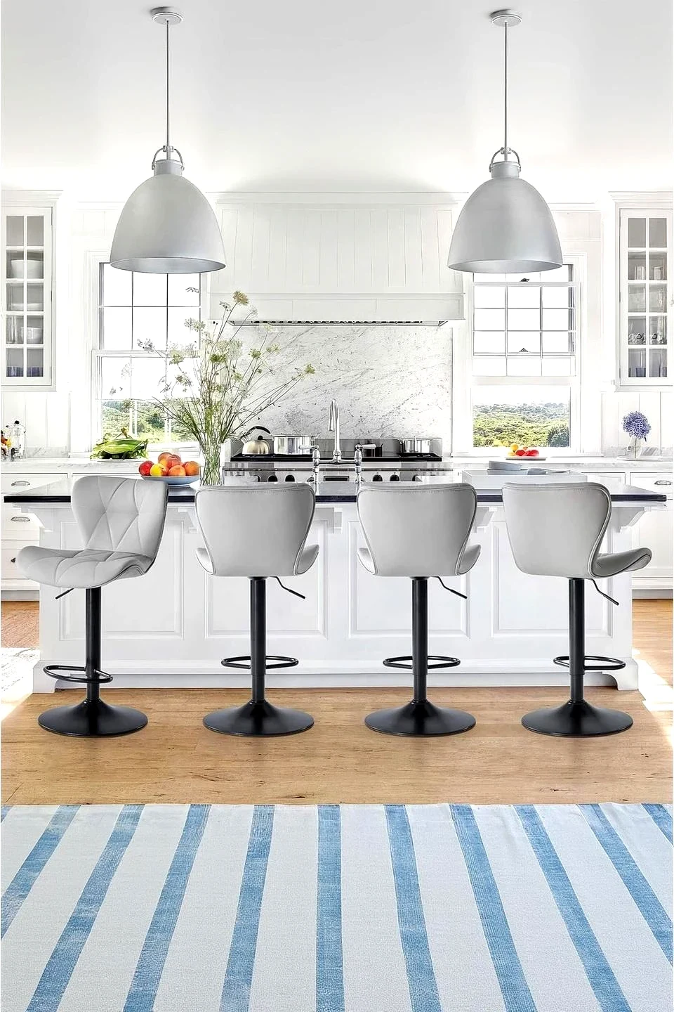 Elegant Gray Diamond-Quilted Faux Leather Bar Stools - Luxe Kitchen Seating Set of 4 — Bar Stools
