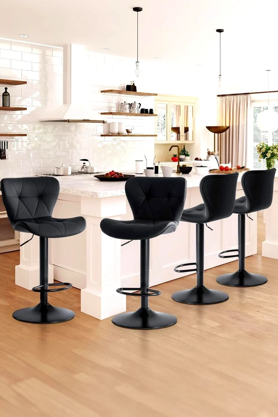 Elevate Your Space: Diamond-Quilted Faux Leather Bar Stools - Black Set of 4 — Bar Stools