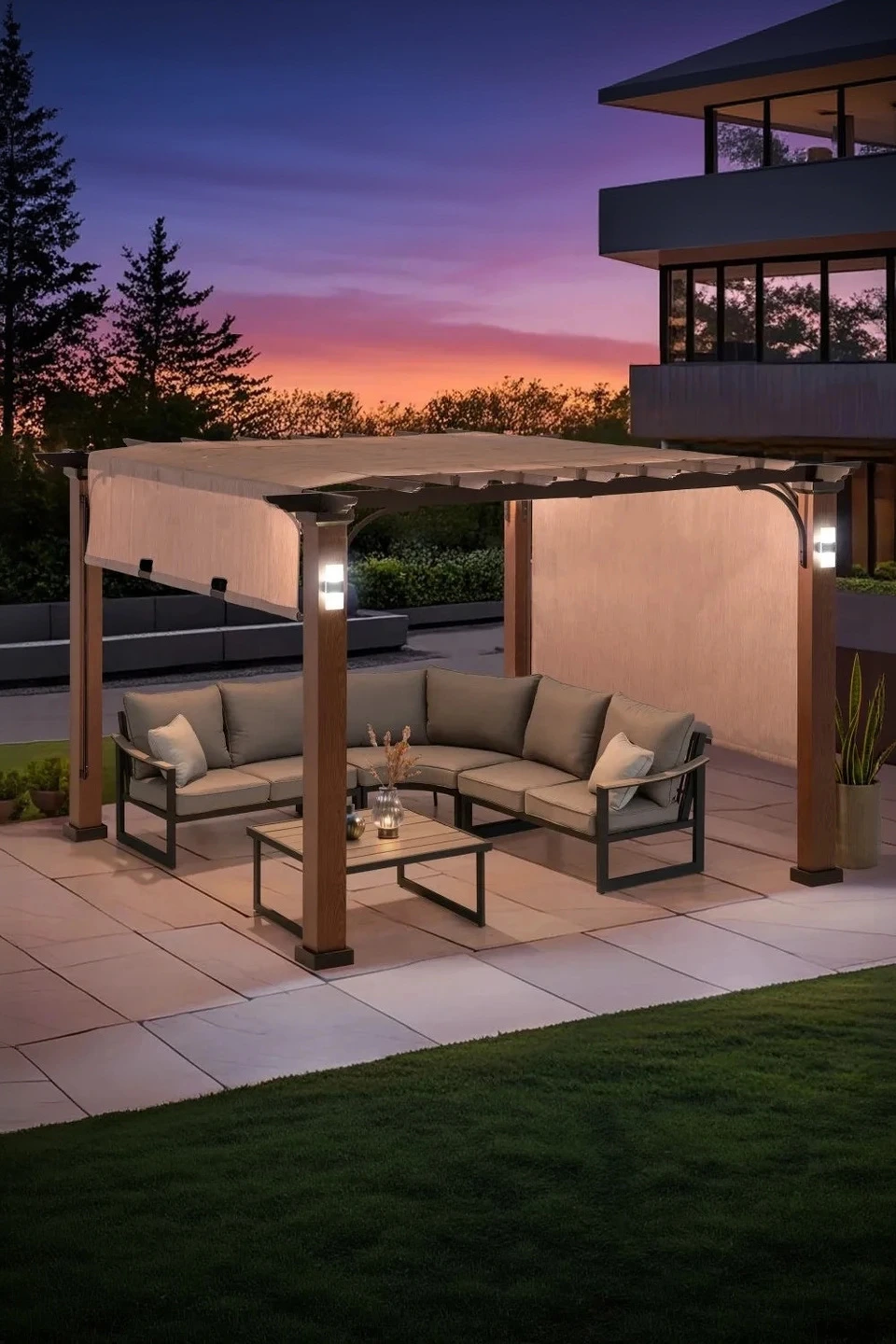 SUNJOY 11x11 Wood-Look Finish Metal Pergola with Sliding Canopy & Solar Lights — Pergolas