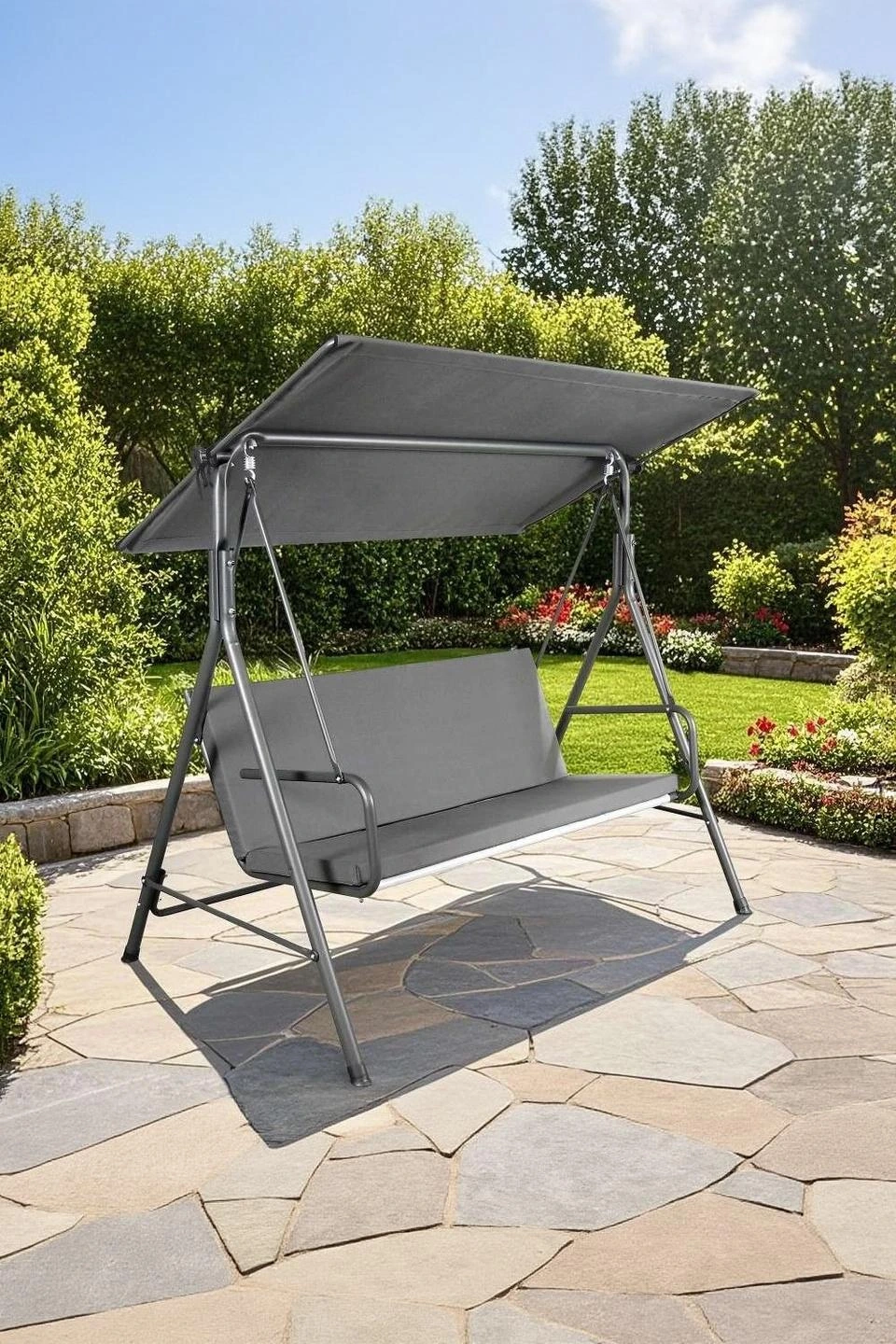 SUNJOY 2-Seat Italian-Made Patio Swing Chair with Adjustable Canopy and Cushions – Gray — Outdoor Living