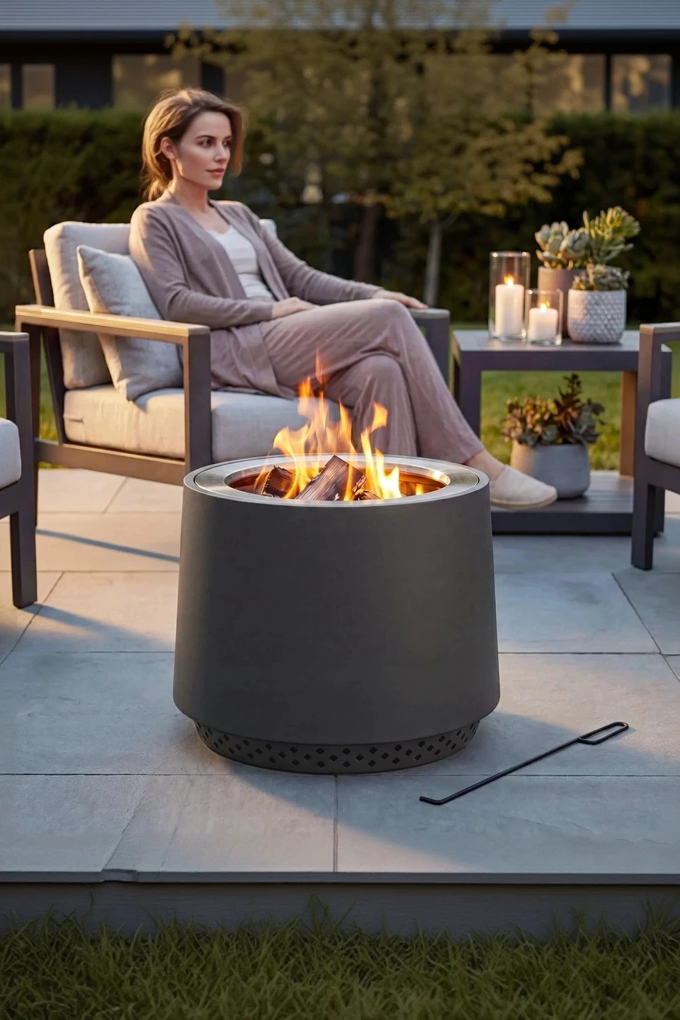 SUNJOY 21 Inch Cylindrical Stainless Steel Smokeless Fire Pit with PVC Cover and Poker - Gray — Garden Decor