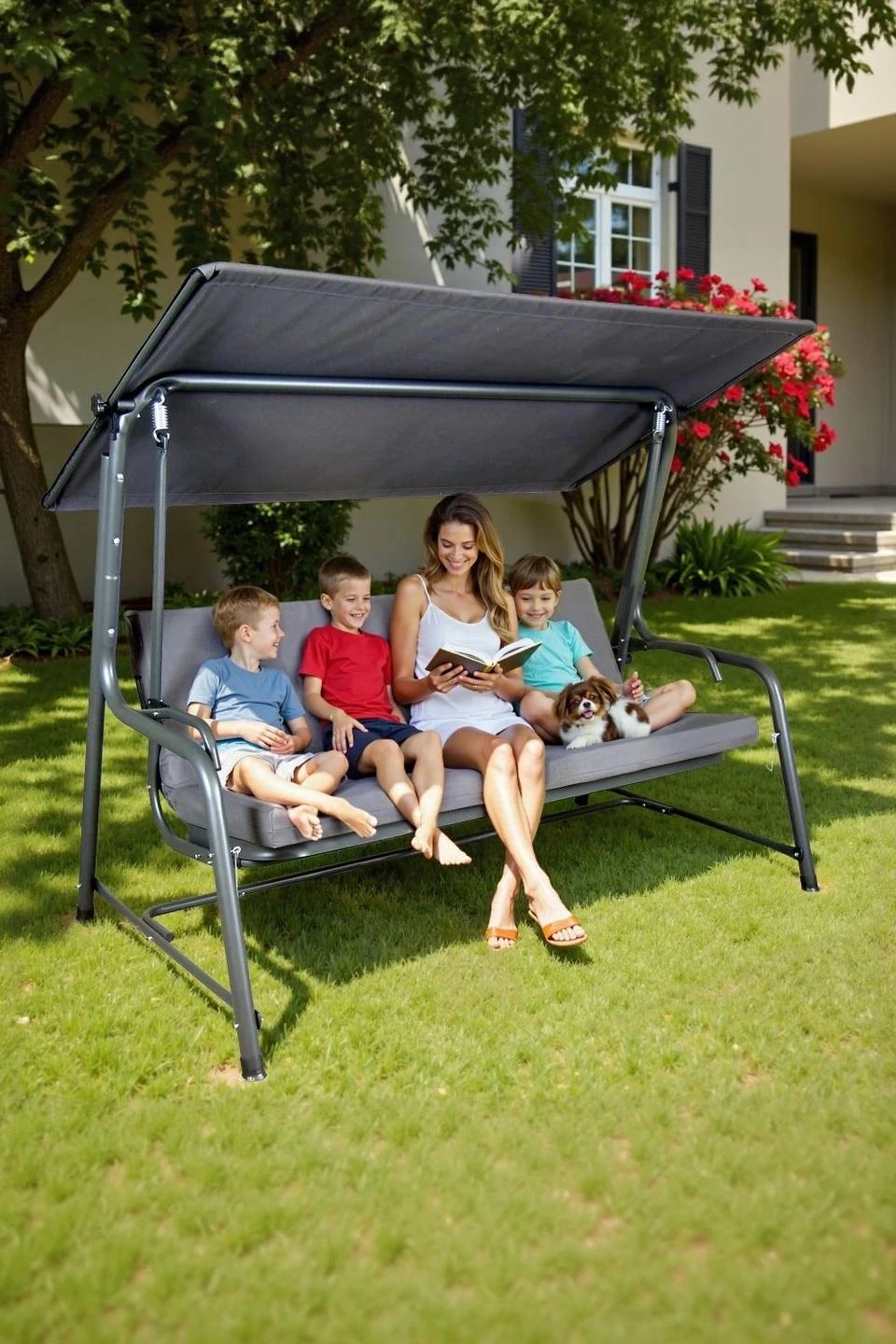 SUNJOY 4-Seat Italian-Made Patio Swing Chair / Bed with Adjustable Canopy and Cushions – Gray — Outdoor Living