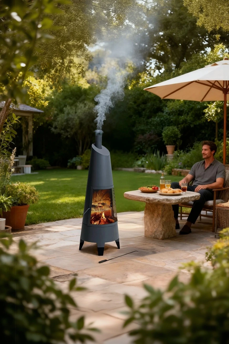 SUNJOY 57 Inch 2-in-1 Chiminea Fire Pit & Grill with Removable Grill Grate and PVC Cover - Gray — Outdoor Living