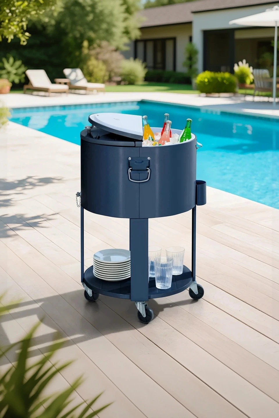 SUNJOY 60 Quart Patio Rooling Cooler Cart with Bottle Opener, Shelf and Lockable Wheels - Blue — Outdoor Living