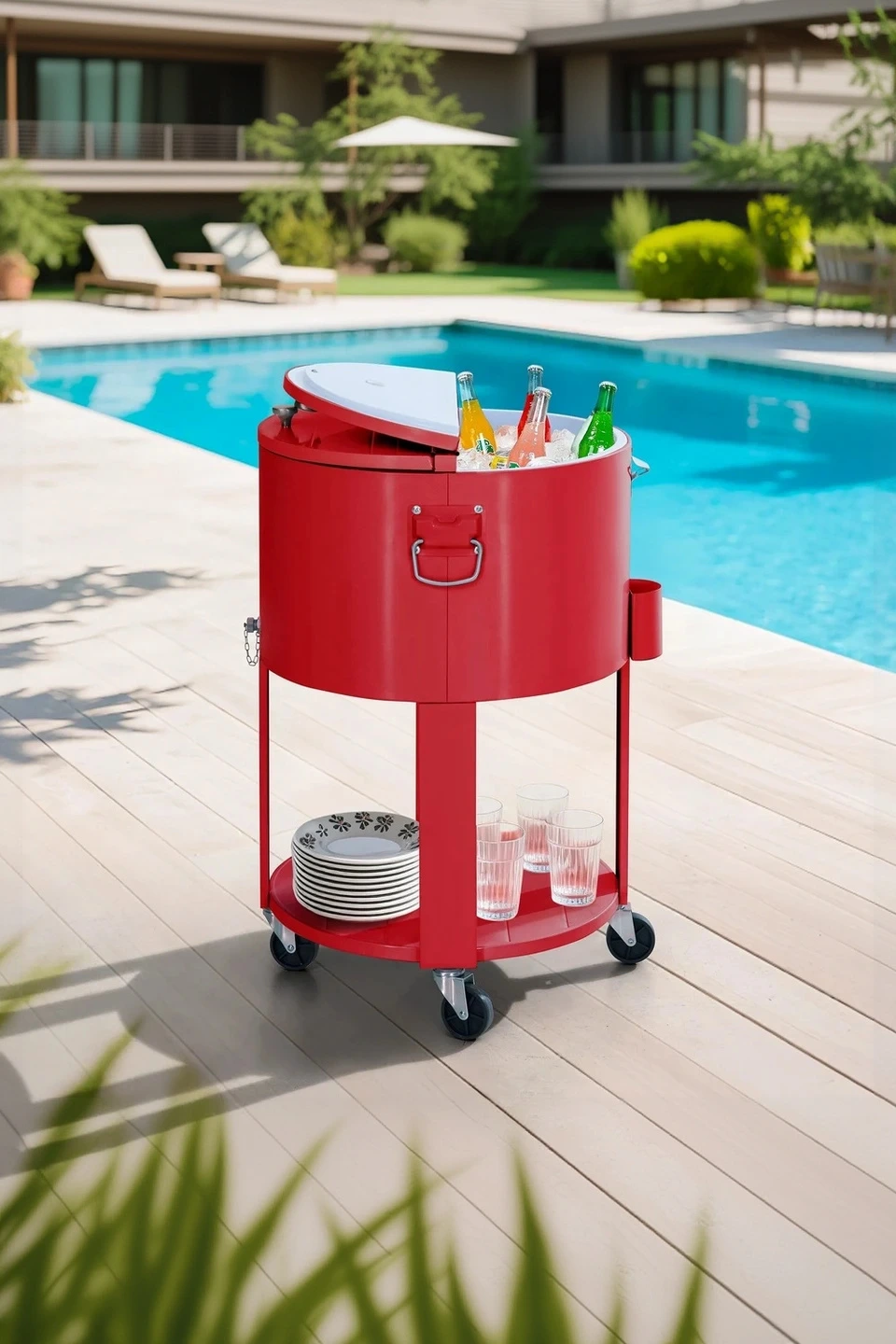 SUNJOY 60 Quart Patio Rooling Cooler Cart with Bottle Opener, Shelf and Lockable Wheels - Red — Outdoor Living