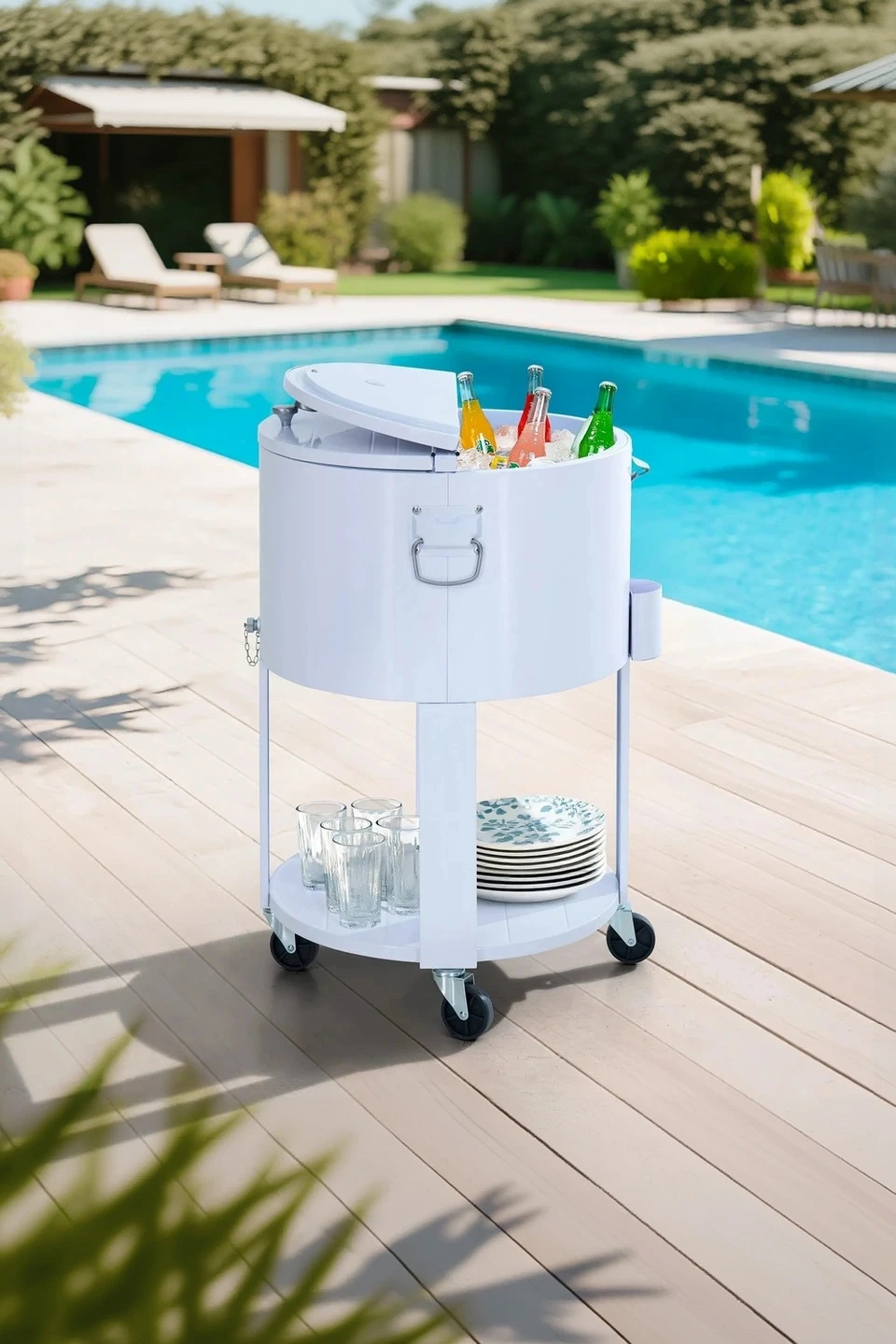 SUNJOY 60 Quart Patio Rooling Cooler Cart with Bottle Opener, Shelf and Lockable Wheels - White — Outdoor Living