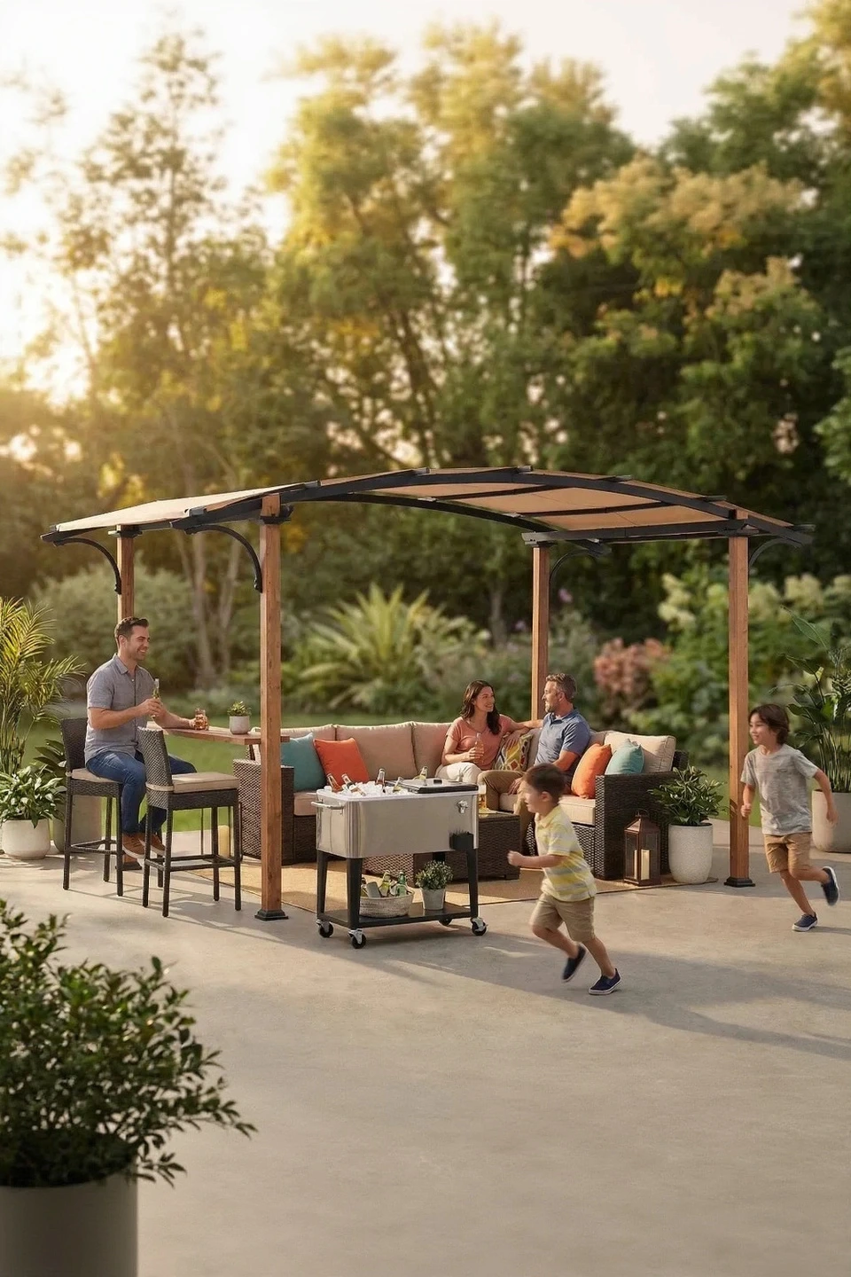 SUNJOY 9x13 Modern Arched Metal Pergola with Tan Heavy-duty Textilene Fabric Canopy and Bar Shelf — Pergolas