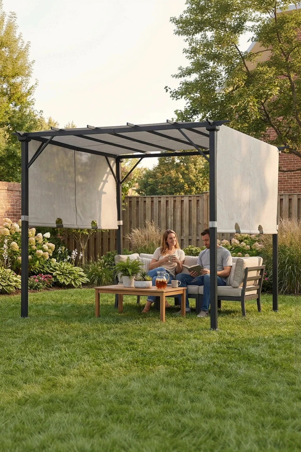 SUNJOY 9x9 Matte Black Steel Frame Pergola with Adjustable Canopy Roof - White — Pergolas
