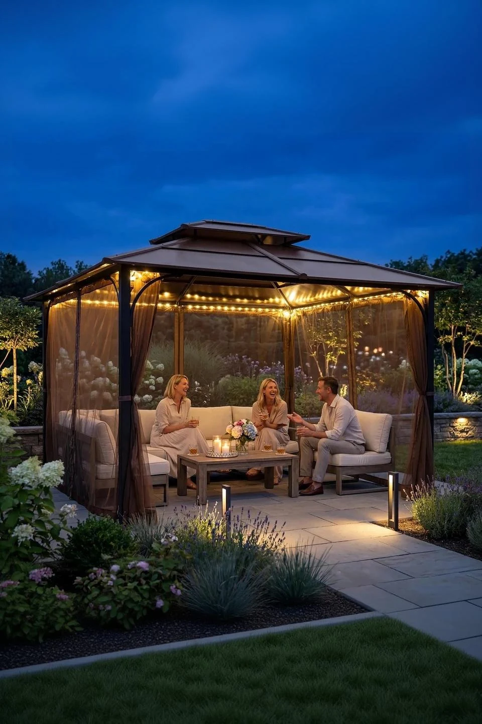 Transform Your Gazebo: Mosquito Netting with Warm LED Lights for 10x12 Hardtop — Outdoor Umbrellas & Sunshades