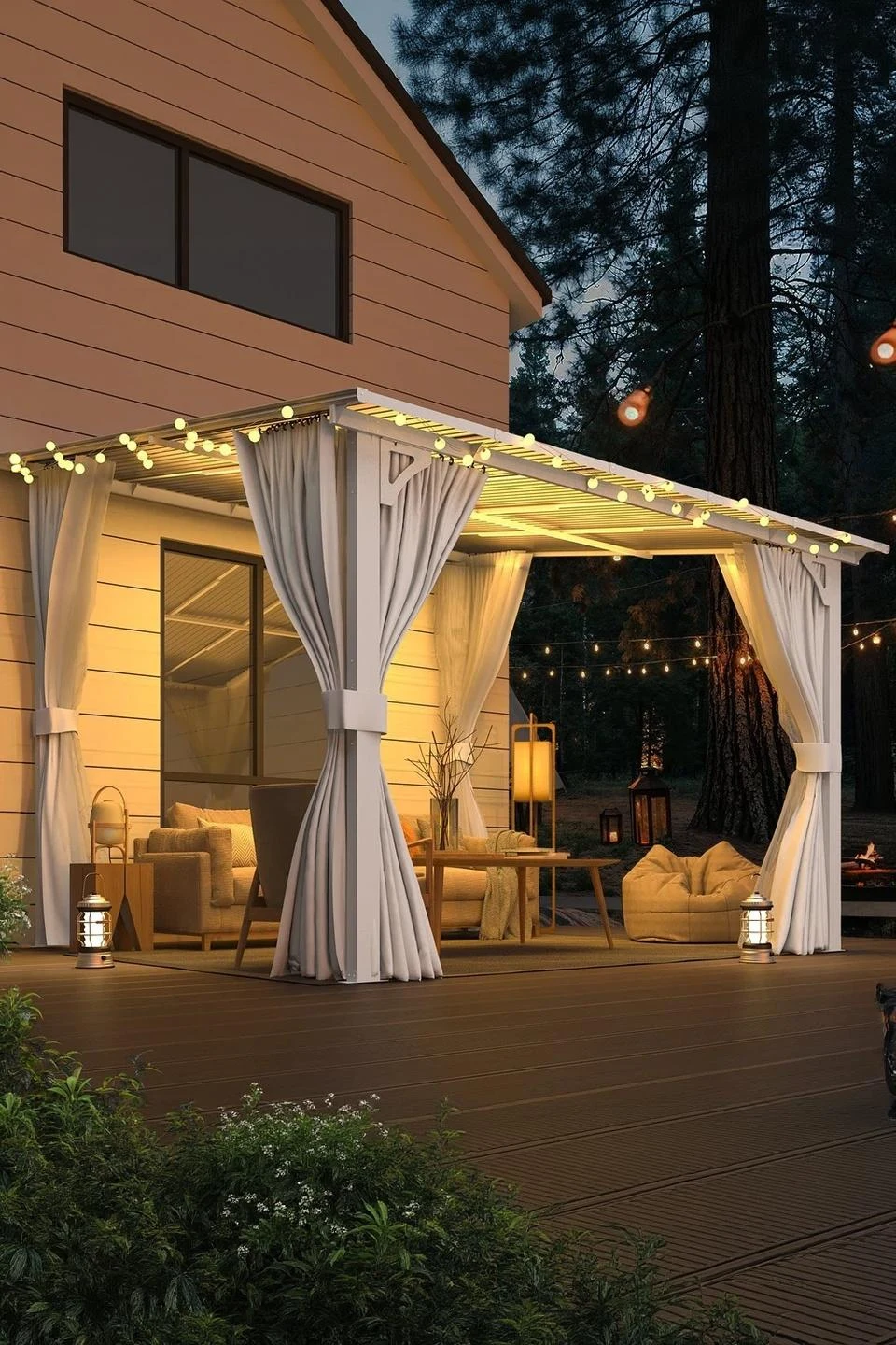 YODOLLA 10'x10' Lean-to Gazebo Pergola with Curtains, White — Outdoor Umbrellas & Sunshades