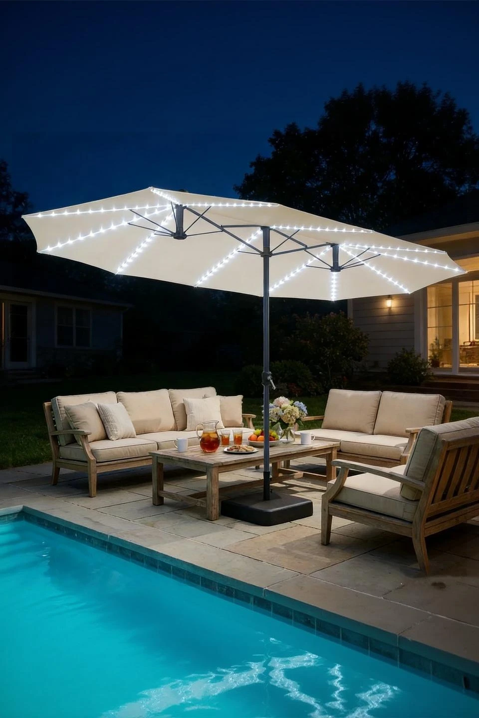 YODOLLA 15ft Double-Sided Patio Umbrella Outdoor Rectangle Umbrella with Base, Tan — Outdoor Umbrellas & Sunshades