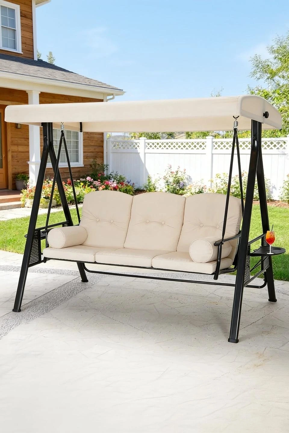 YODOLLA 3-Seat Patio Porch Swing Chair, Beige — Outdoor Living