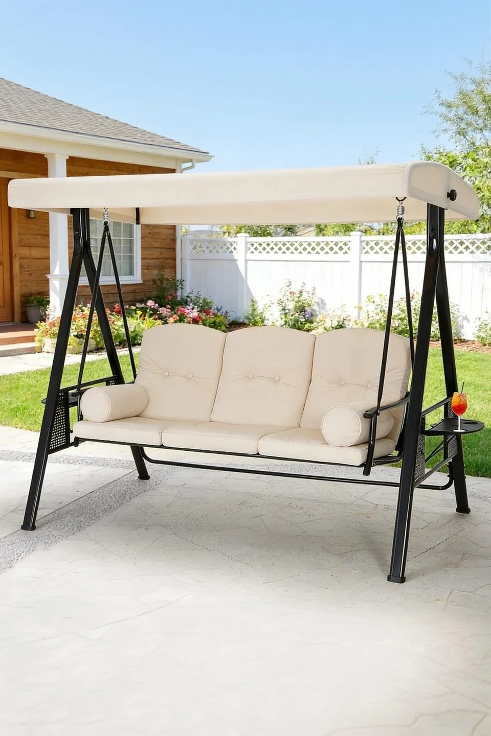 YODOLLA 3-Seat Patio Porch Swing Chair - Transform Your Outdoor Space in Beige — Outdoor Living