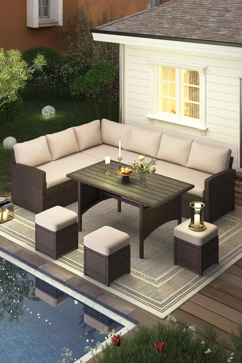 YODOLLA 7-Pc Patio Set, Brown Rattan & Khaki Cushions — Outdoor Living