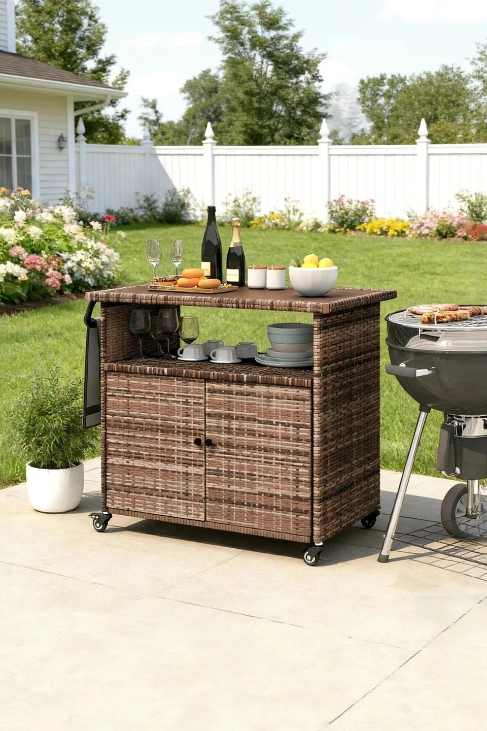 YODOLLA Outdoor Bar Cart, Patio Storage Grill Cart with Handles,Brown — Outdoor Living