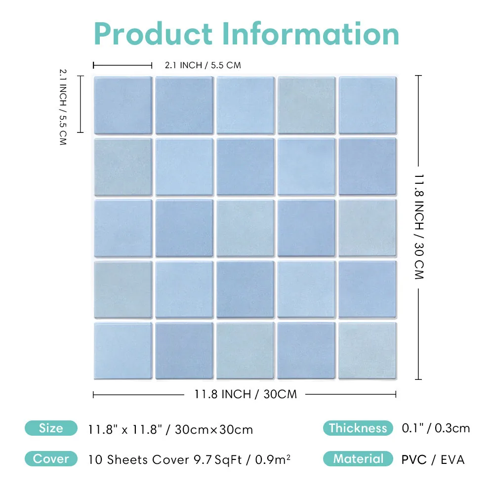 3D Sky Blue Mosaic Peel and Stick Wall Tile — view 10
