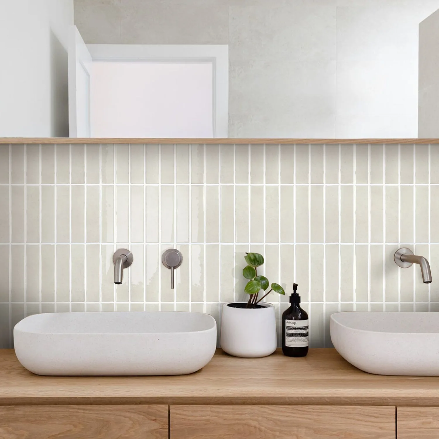 Beige Cream Color Linear Peel and Stick Backsplash Tile — view 4