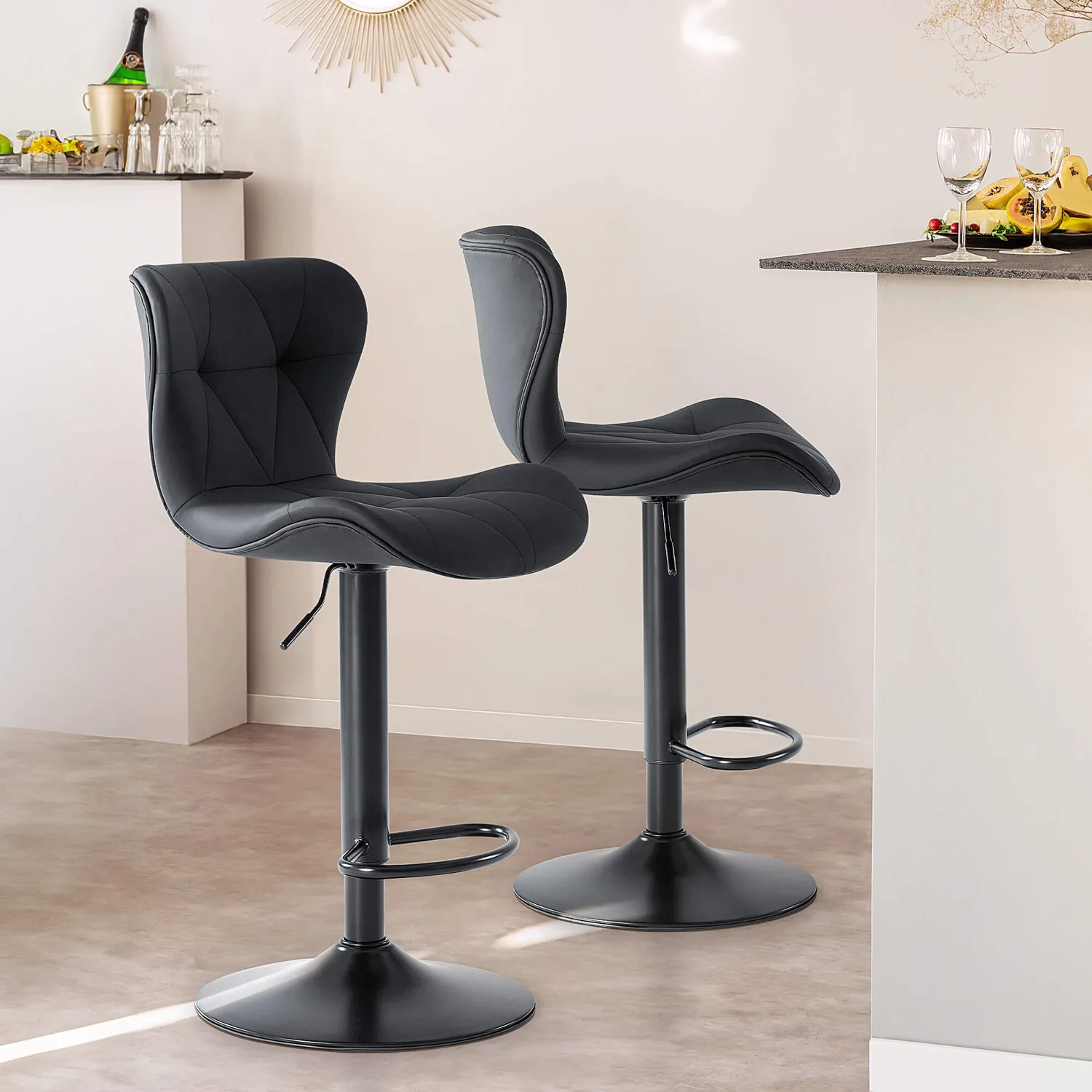 PARTB Curated · Elegant Diamond-Quilted Faux Leather Bar Stools Set of 2 - Luxe Black Kitchen Seating