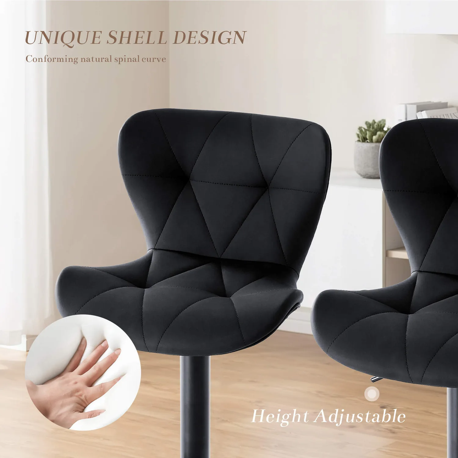 Elegant Diamond-Quilted Faux Leather Bar Stools Set of 2 - Luxe Black Kitchen Seating — view 9