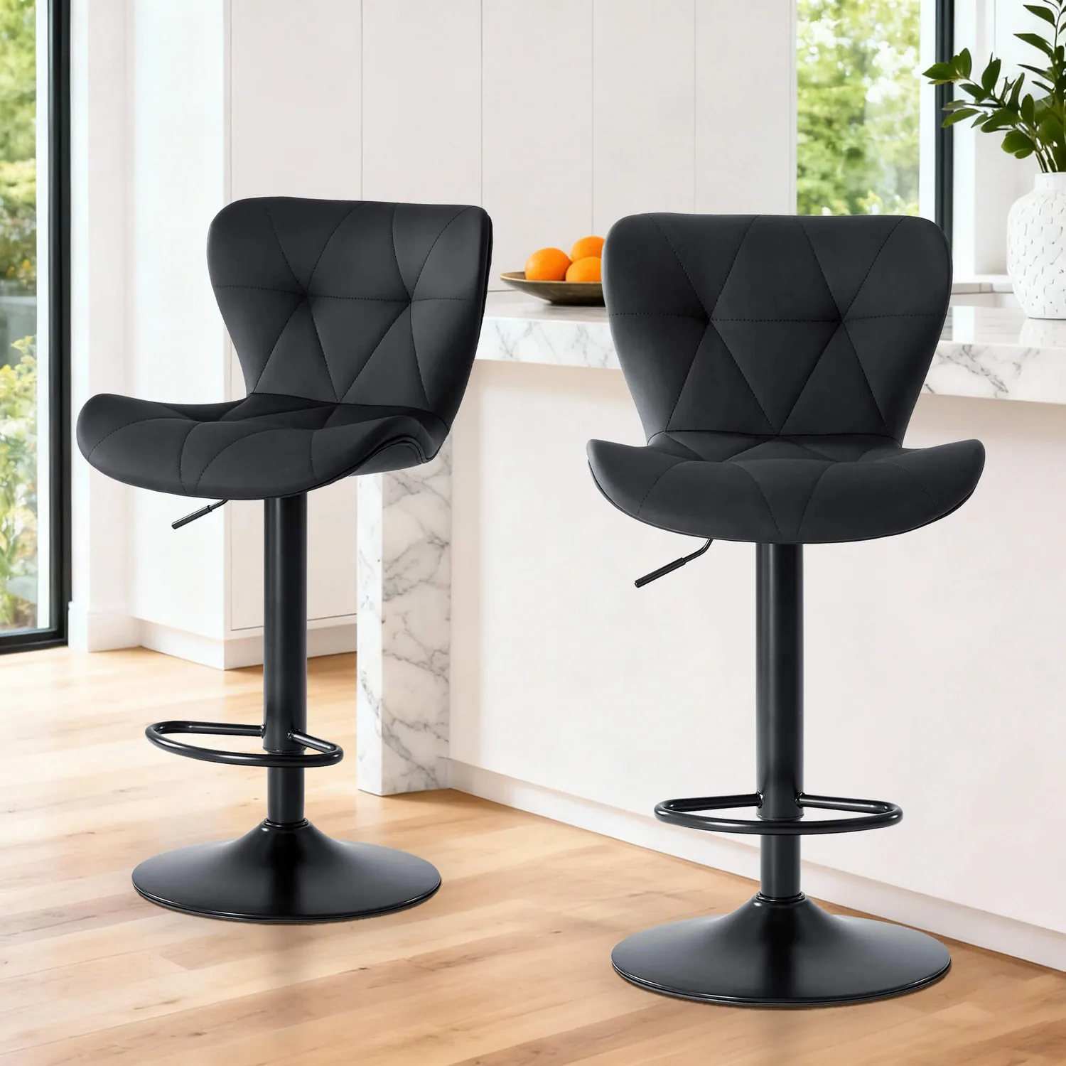 Elegant Gray Diamond-Quilted Faux Leather Bar Stools - Luxe Kitchen Seating Set of 4