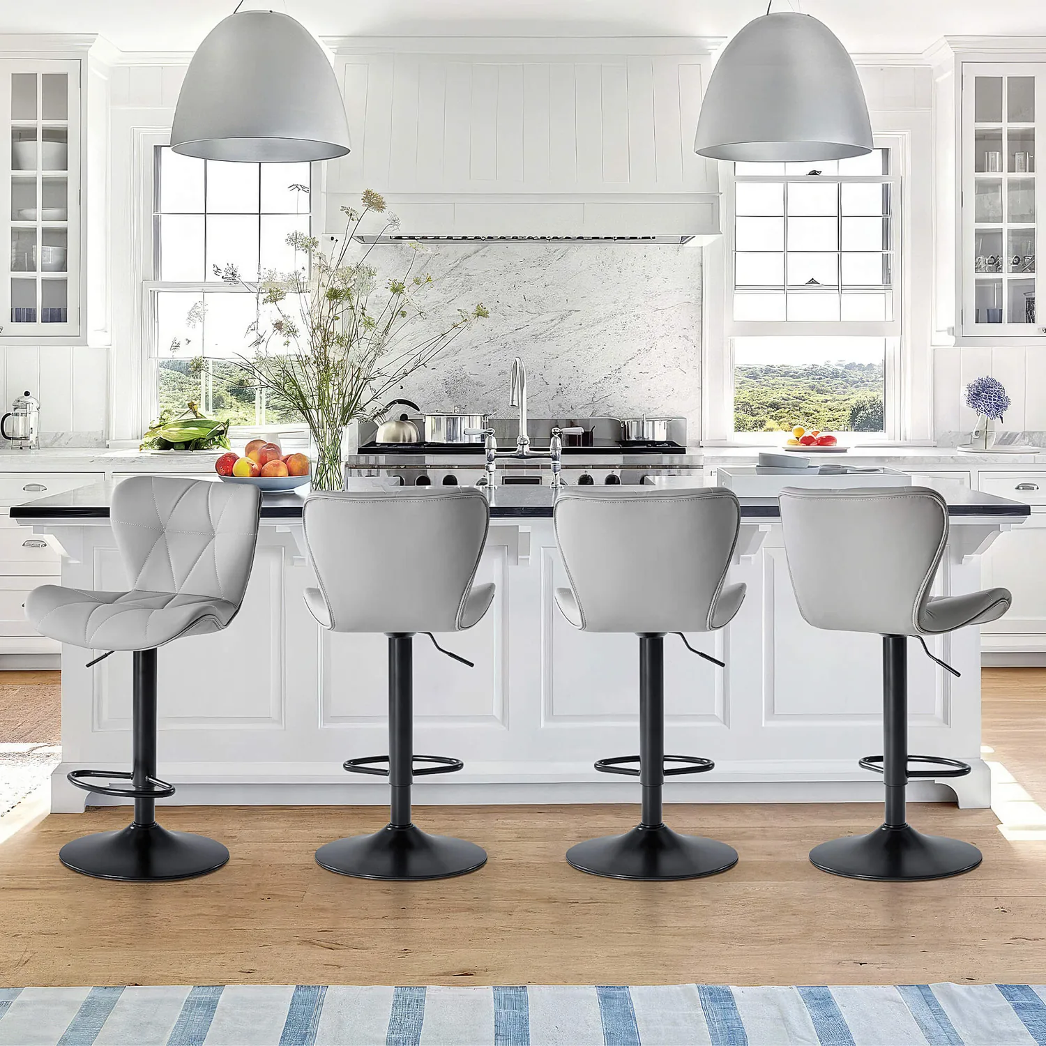 Elegant Gray Diamond-Quilted Faux Leather Bar Stools - Luxe Kitchen Seating Set of 4 — view 5