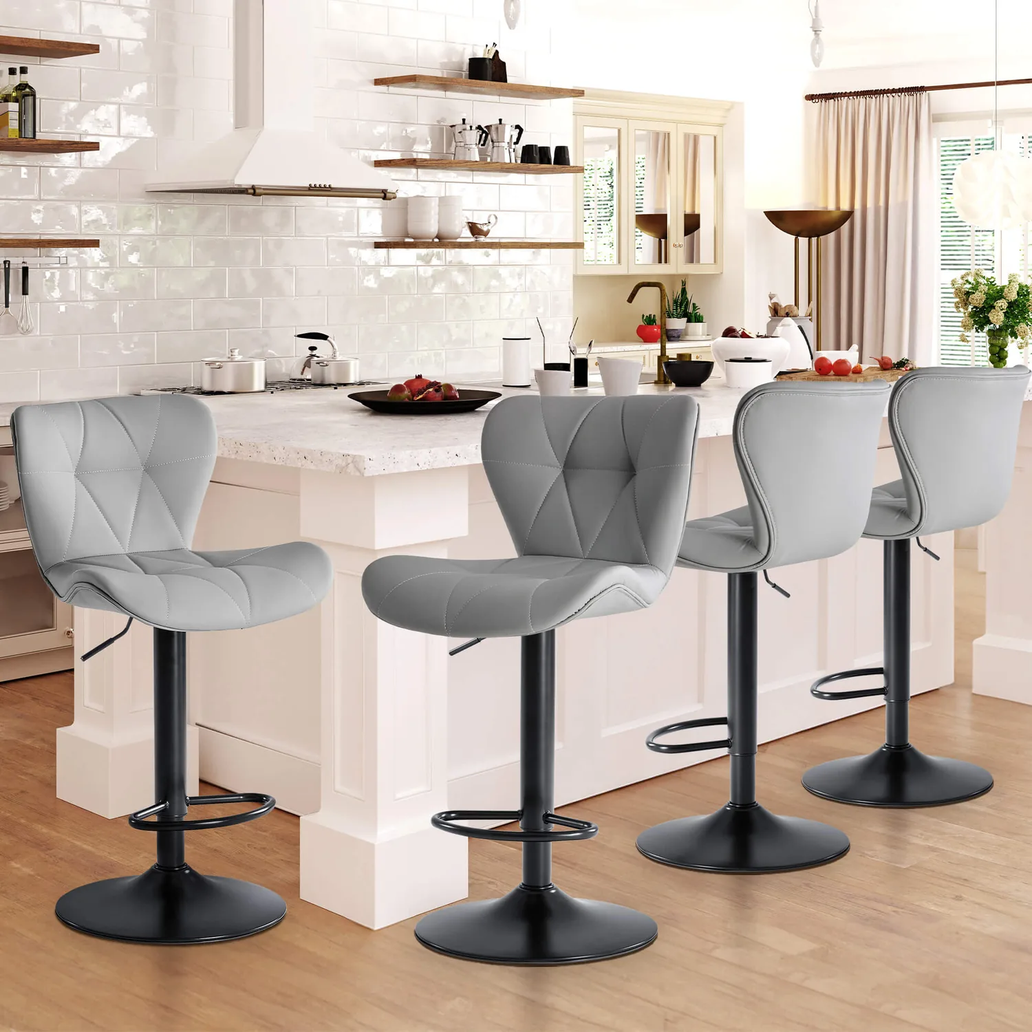 PARTB Curated · Elevate Your Space: Diamond-Quilted Faux Leather Bar Stools - Black Set of 4
