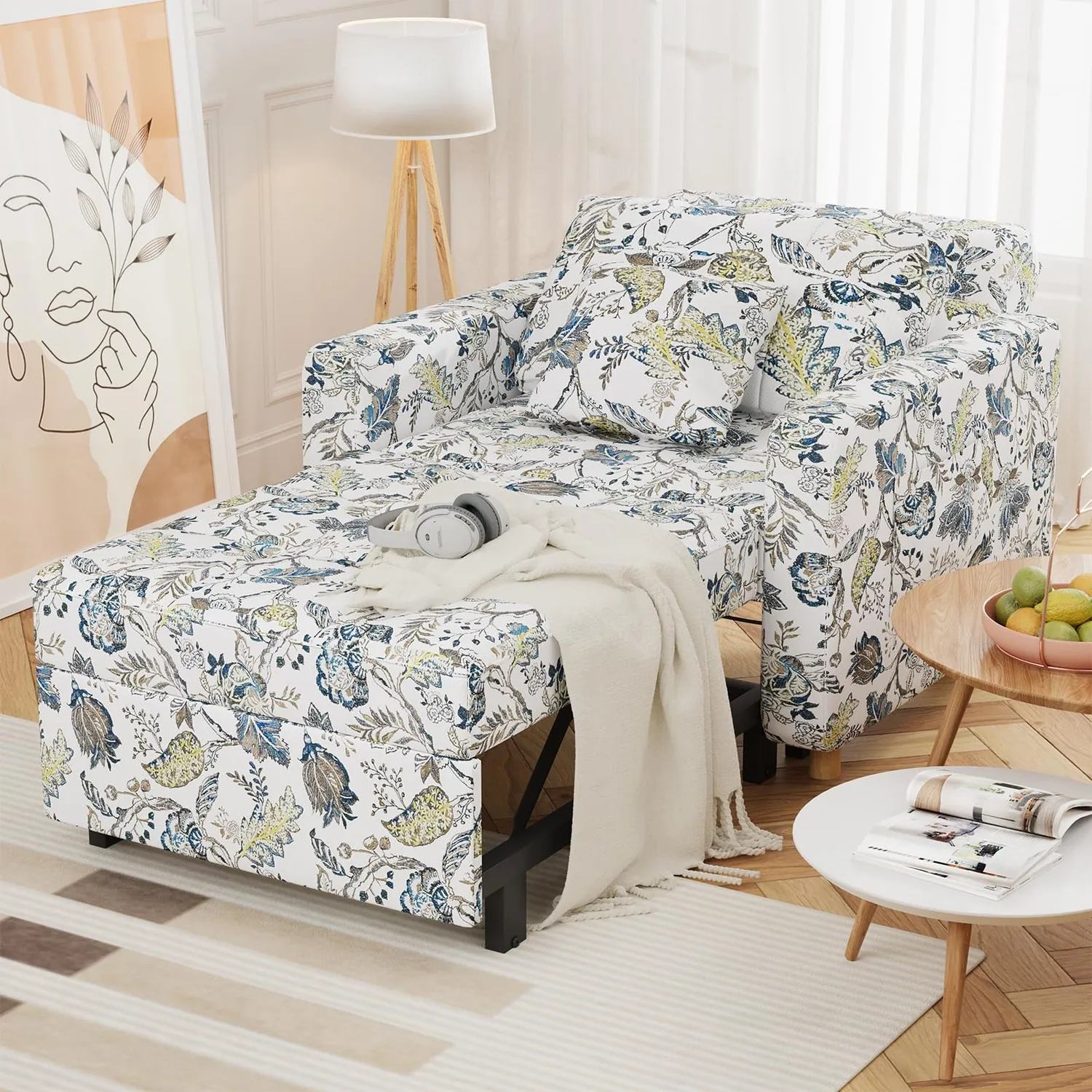 YODOLLA · Floral Convertible Chair Bed 36" - Modern Scandinavian Sleeper Sofa for Small Spaces
