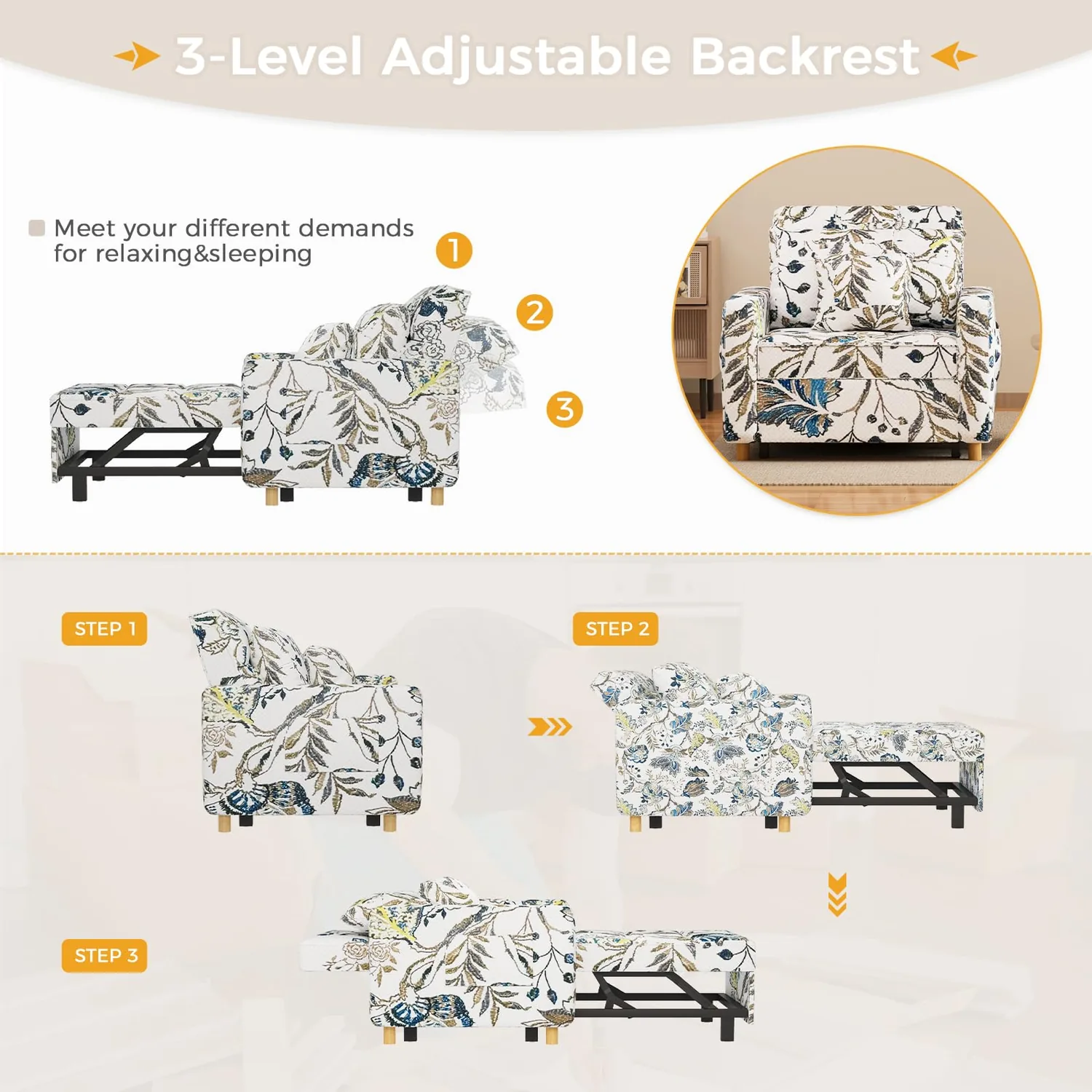 Floral Convertible Chair Bed 36" - Modern Scandinavian Sleeper Sofa for Small Spaces — view 8