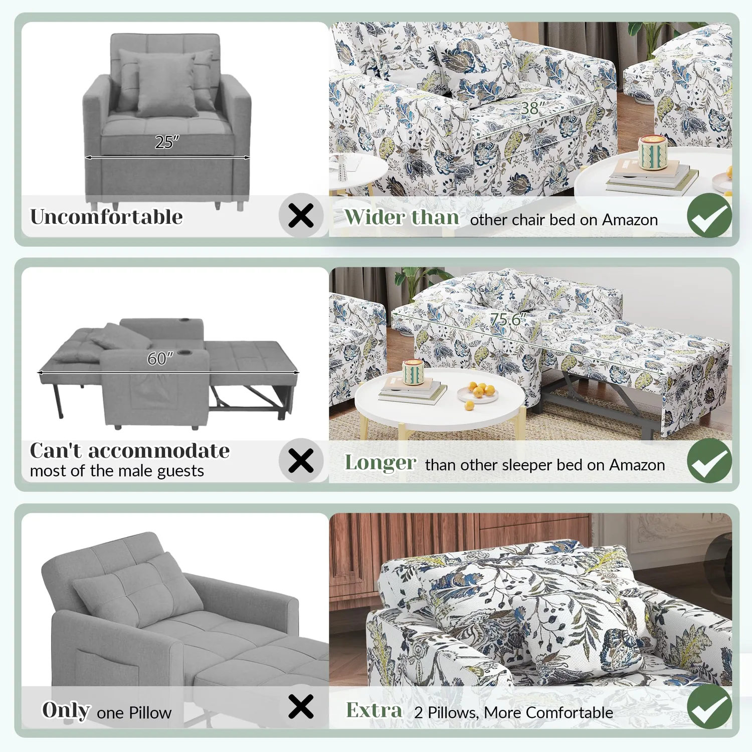 Floral Convertible Chair Bed 36" - Modern Scandinavian Sleeper Sofa for Small Spaces — view 10