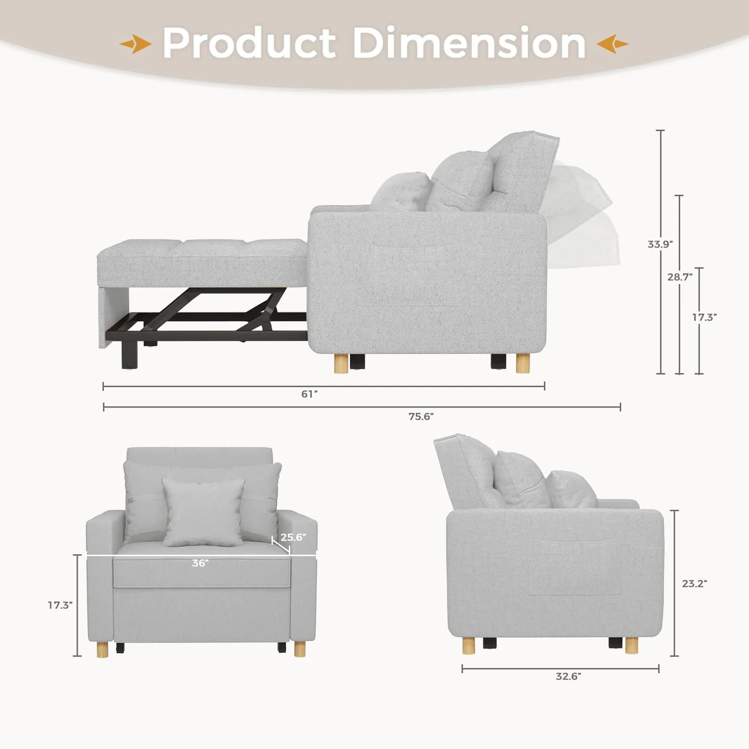 Gray Convertible Chair Bed 36" | Modern Space-Saving Sleeper Furniture — view 4