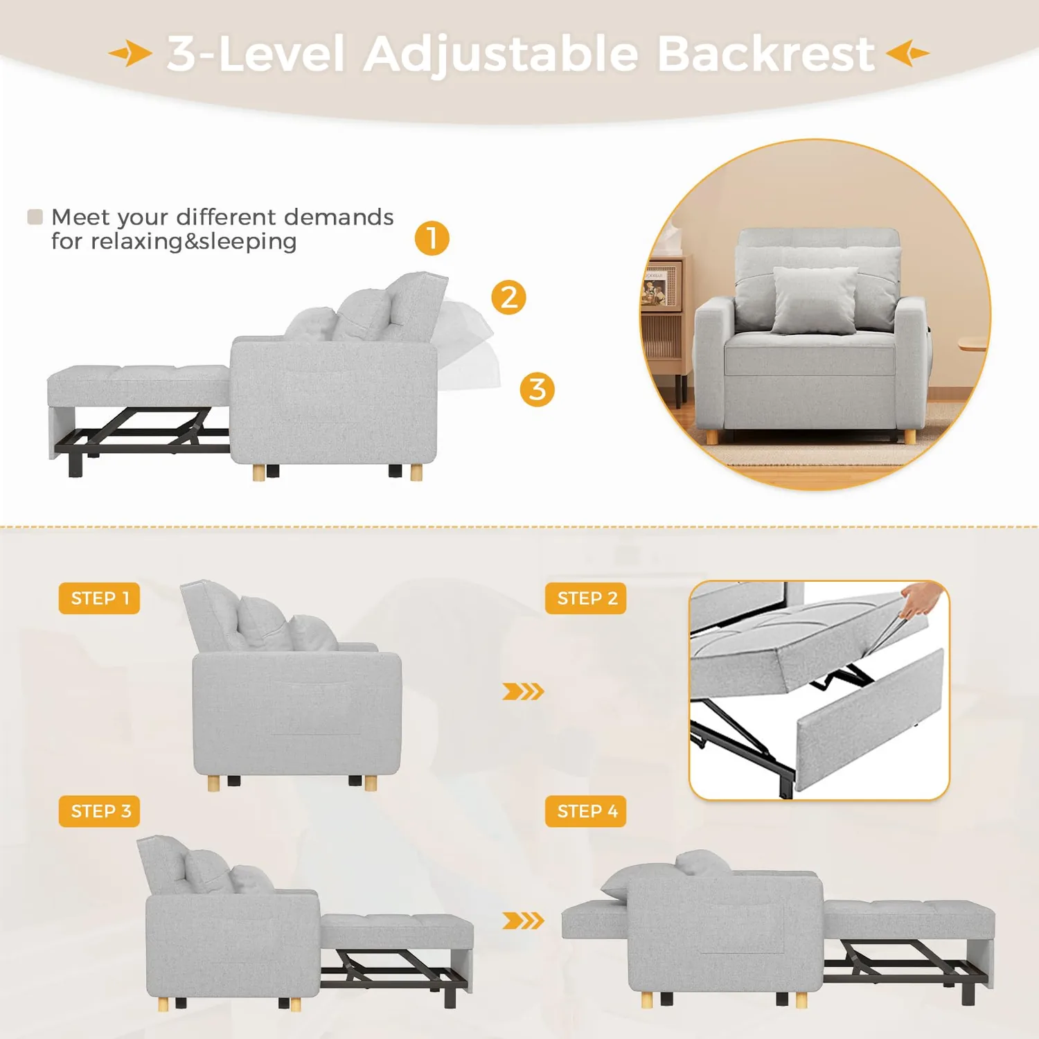 Gray Convertible Chair Bed 36" | Modern Space-Saving Sleeper Furniture — view 10