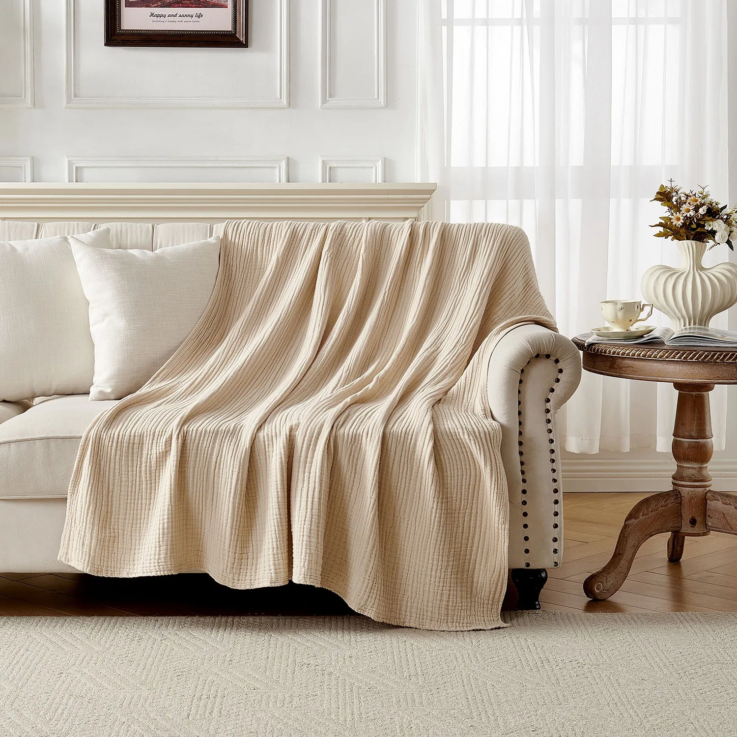 Joydeco 100% Cotton Muslin Throw Blanket for Couch Bed and Sofa, 4-Layer Lightweight and Breathable Soft Gauze Blanket for All Season, Luxury Throws Cotton Blanket Gift — view 7