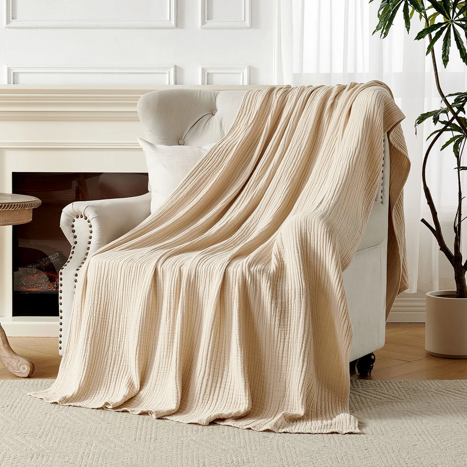 Joydeco 100% Cotton Muslin Throw Blanket for Couch Bed and Sofa, 4-Layer Lightweight and Breathable Soft Gauze Blanket for All Season, Luxury Throws Cotton Blanket Gift — view 8