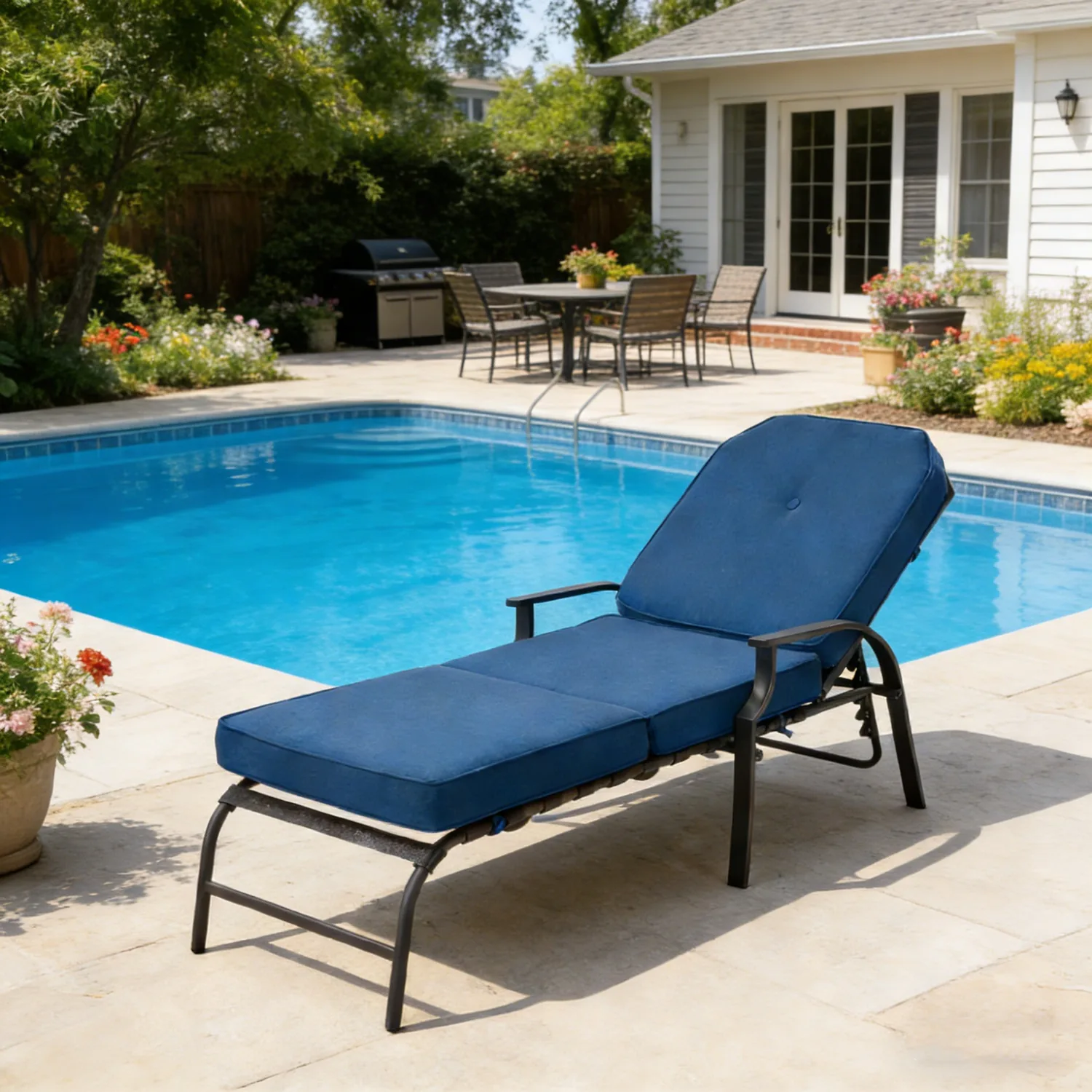 Navy Blue Outdoor Chaise Lounge - Adjustable Poolside Relaxation