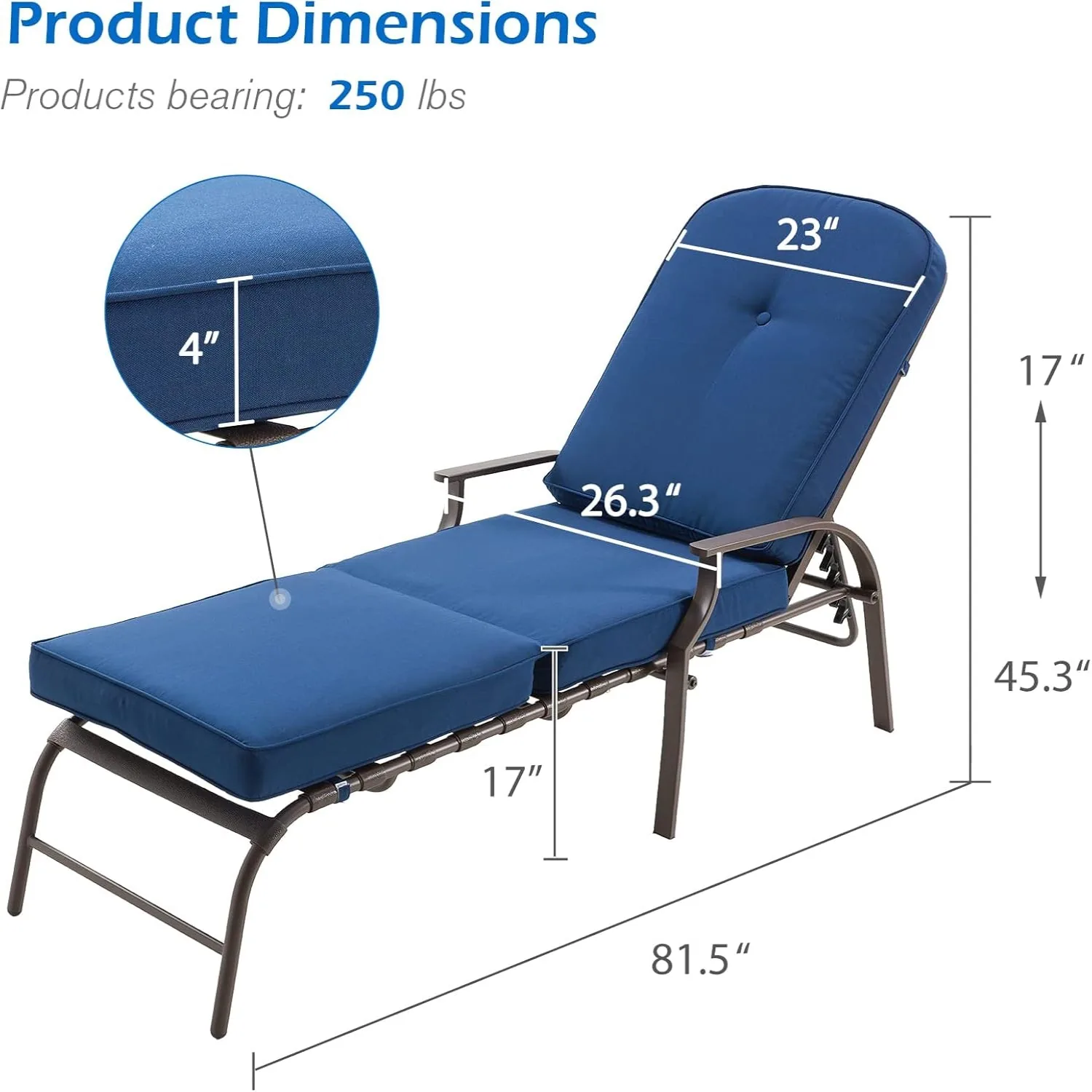 Navy Blue Outdoor Chaise Lounge - Adjustable Poolside Relaxation — view 3