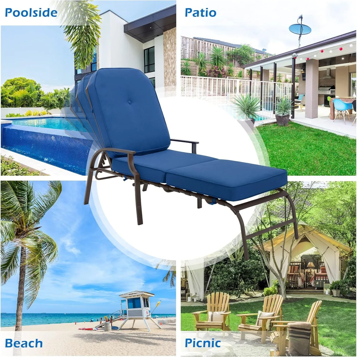 Navy Blue Outdoor Chaise Lounge - Adjustable Poolside Relaxation — view 4