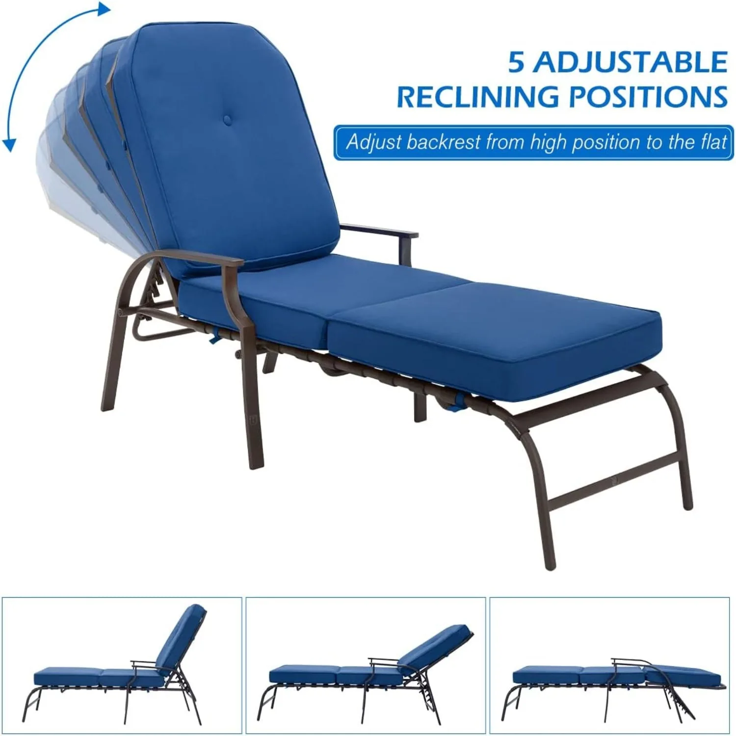 Navy Blue Outdoor Chaise Lounge - Adjustable Poolside Relaxation — view 5