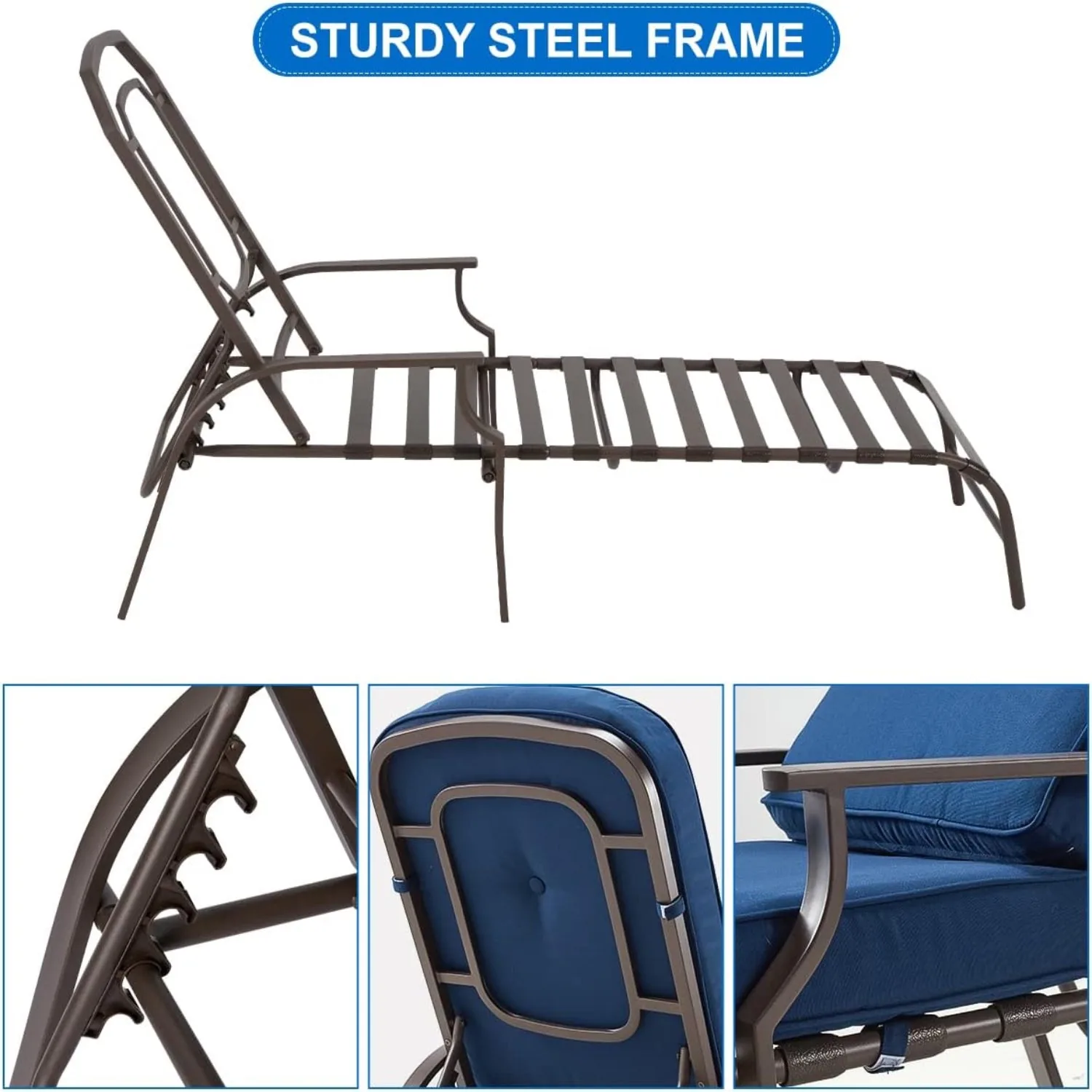 Navy Blue Outdoor Chaise Lounge - Adjustable Poolside Relaxation — view 6