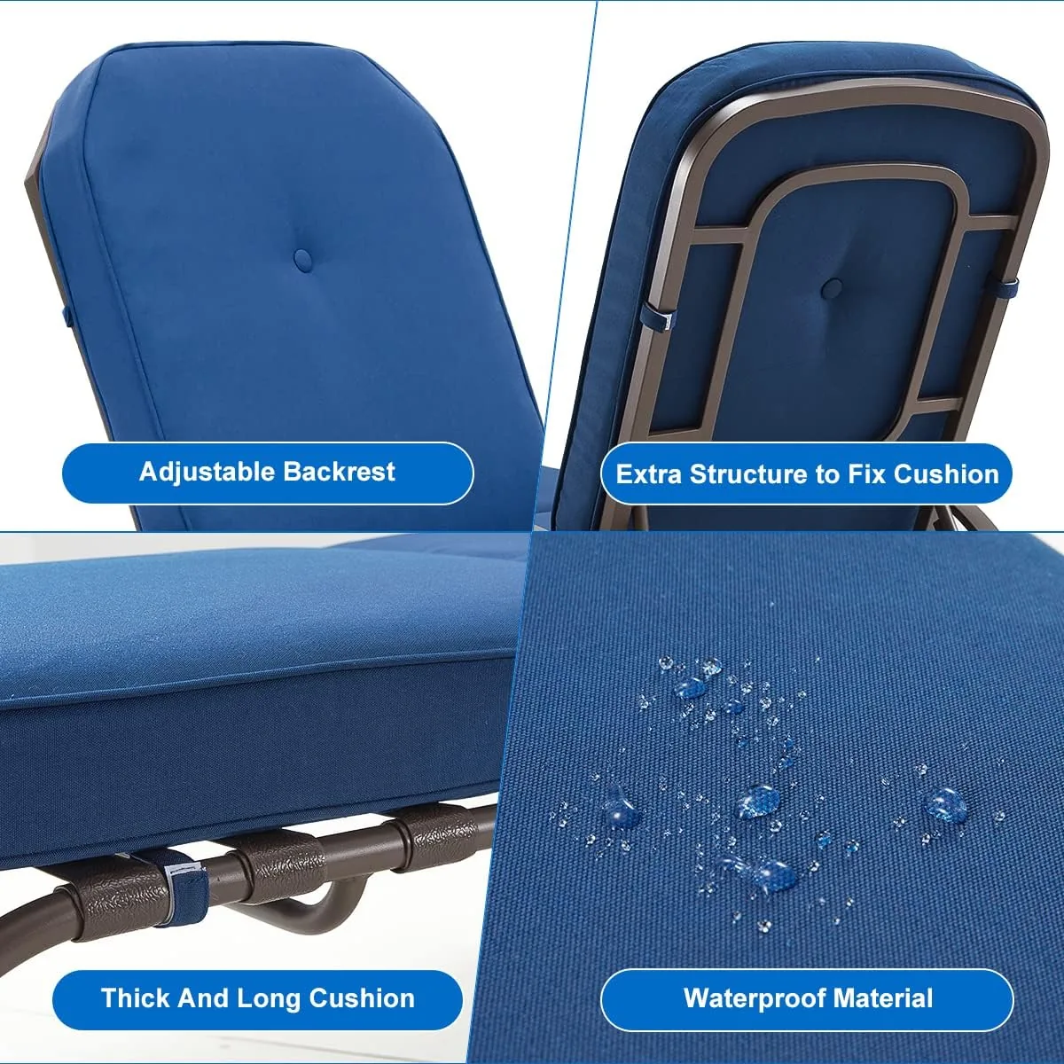 Navy Blue Outdoor Chaise Lounge - Adjustable Poolside Relaxation — view 7
