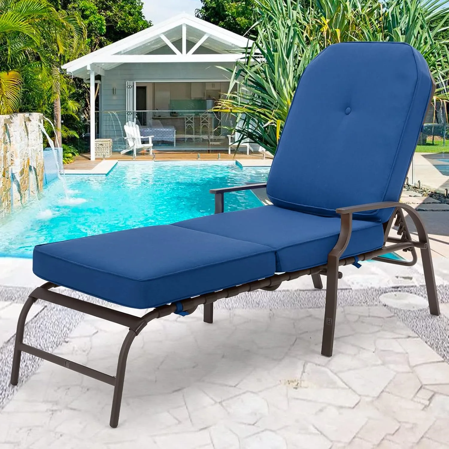 Navy Blue Outdoor Chaise Lounge - Adjustable Poolside Relaxation — view 9
