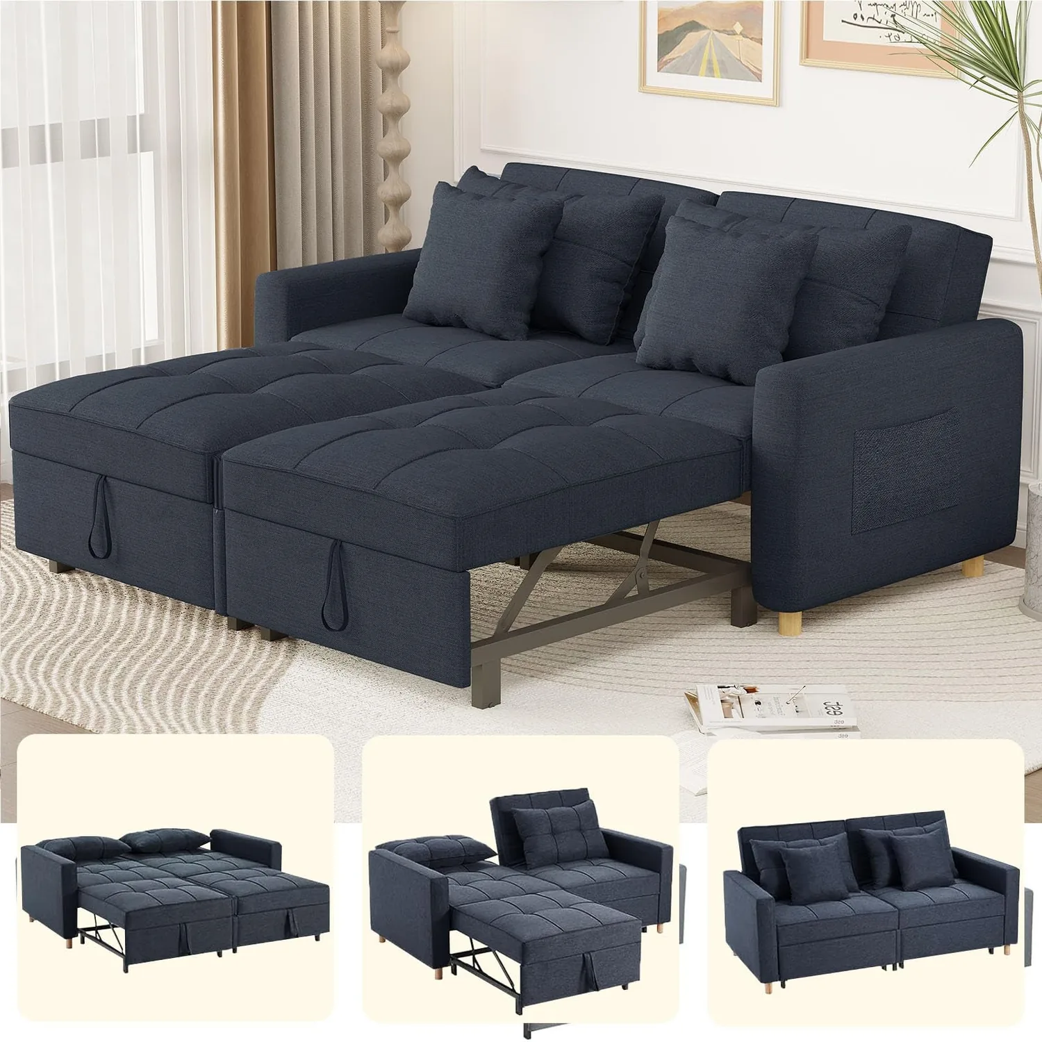 Navy Convertible Sofa Bed - Modern 3-in-1 Sleeper Couch for Small Spaces — view 3