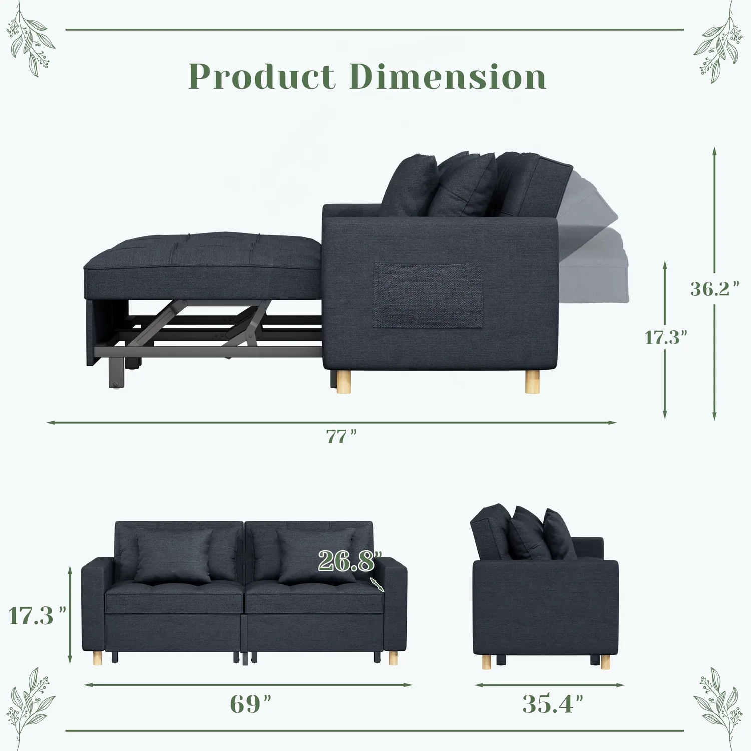 Navy Convertible Sofa Bed - Modern 3-in-1 Sleeper Couch for Small Spaces — view 4