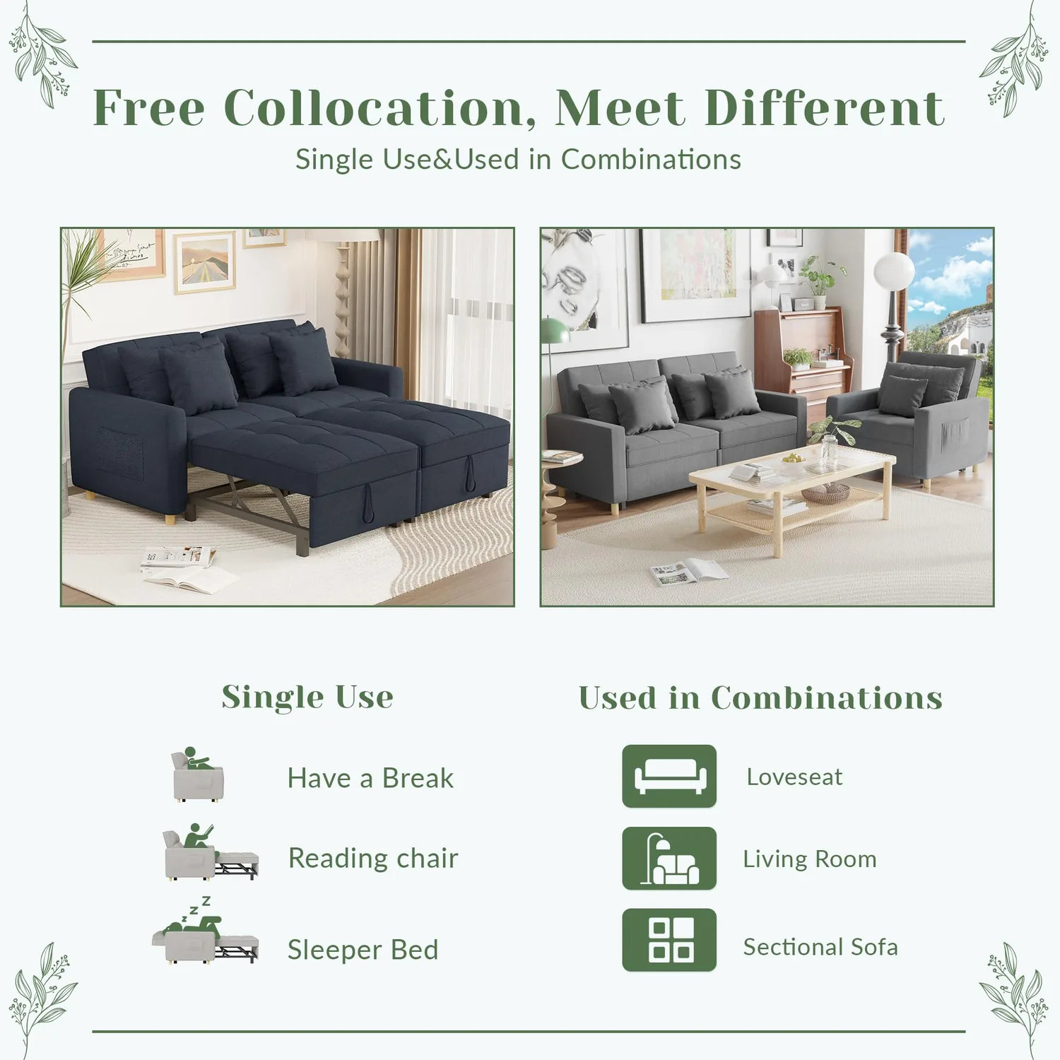Navy Convertible Sofa Bed - Modern 3-in-1 Sleeper Couch for Small Spaces — view 6