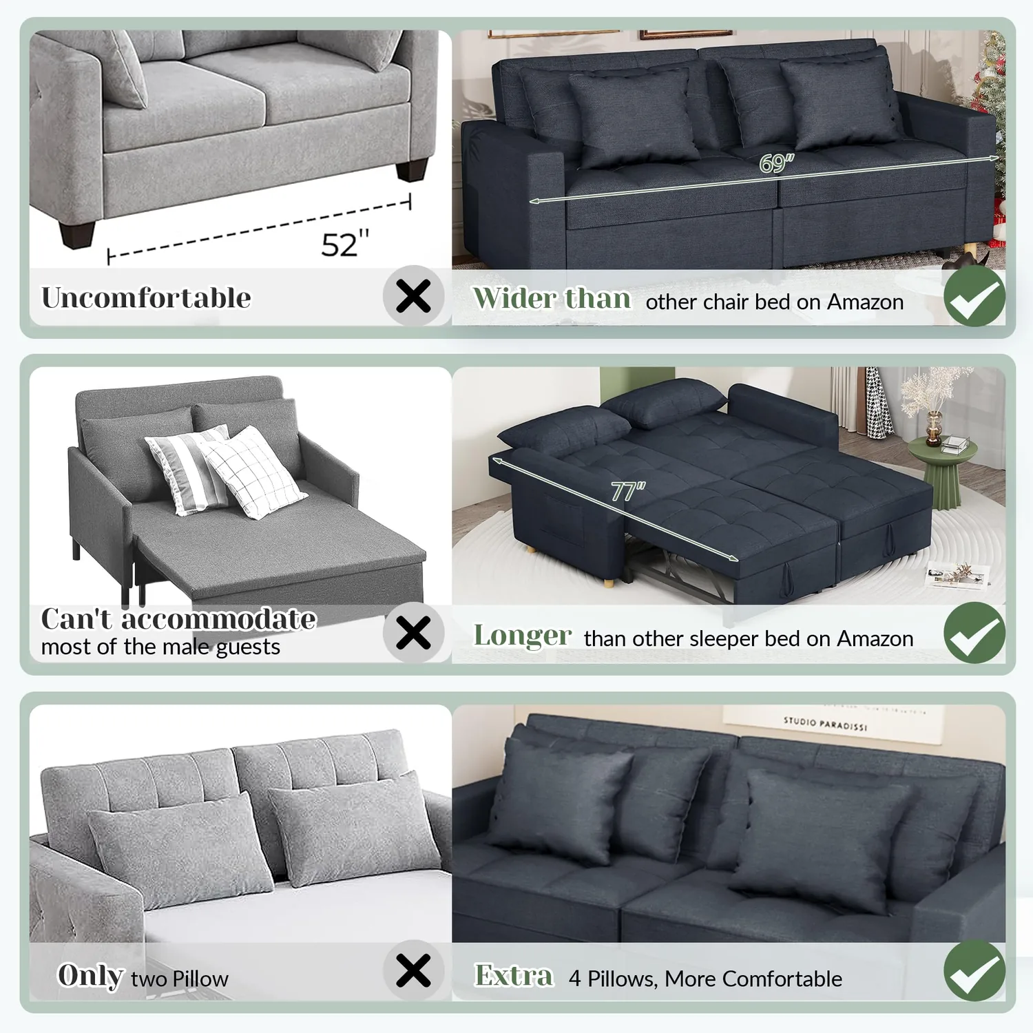 Navy Convertible Sofa Bed - Modern 3-in-1 Sleeper Couch for Small Spaces — view 7