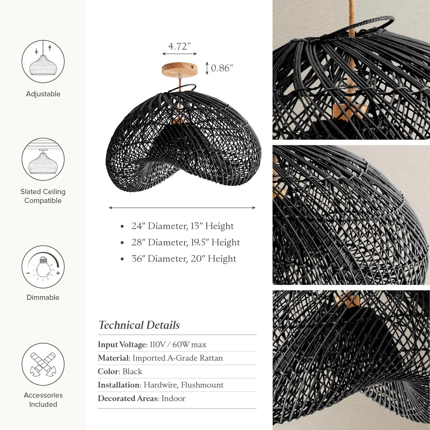 Sepherina Black Rattan Flush Mount Light — view 10