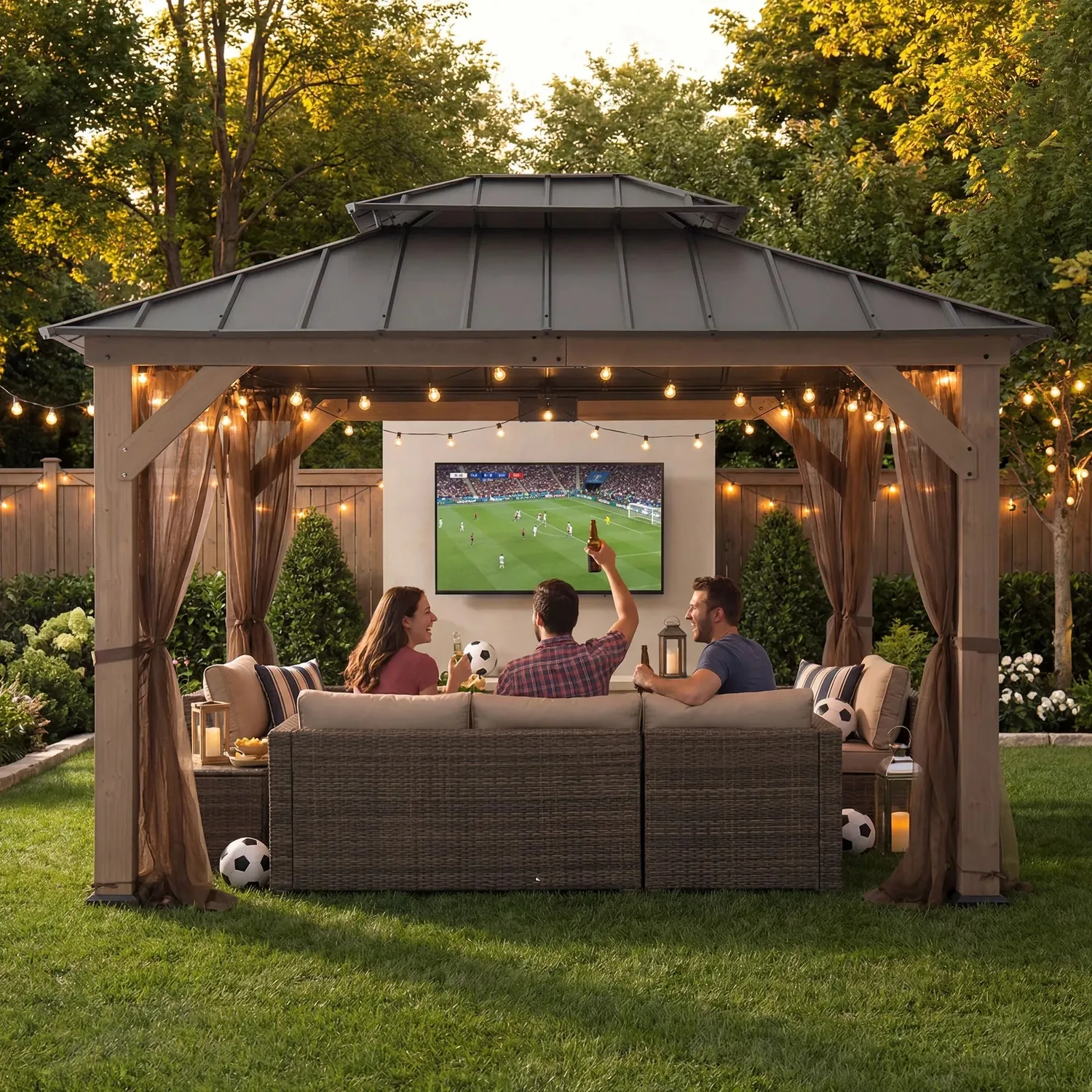 SUNJOY 10x12 Cedar Wood Gazebo with Galvanized Steel Roof, LED String Lights & Mosquito Netting - Brown — main image