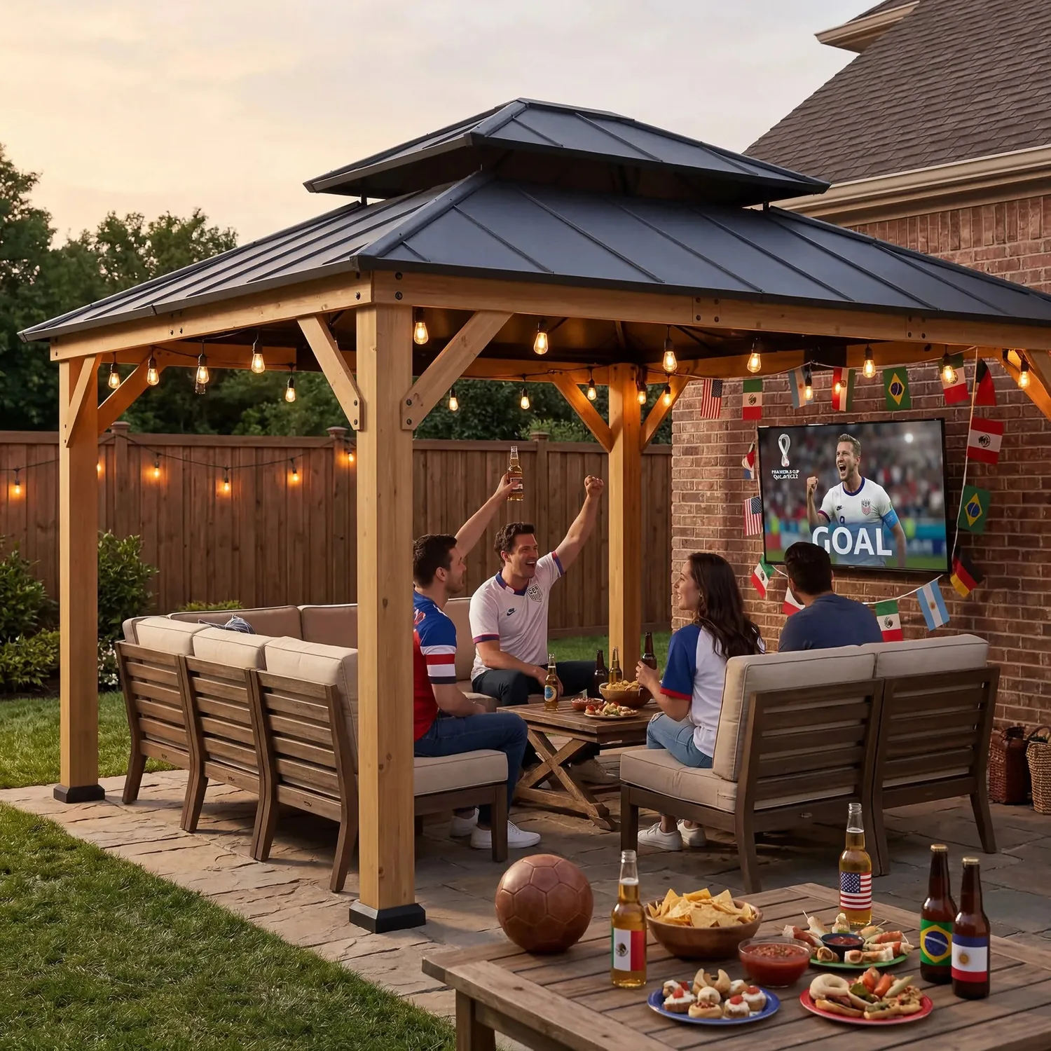 SUNJOY 10x12 Cedar Wood Gazebo with Galvanized Steel Roof, LED String Lights & Mosquito Netting - Brown — view 2