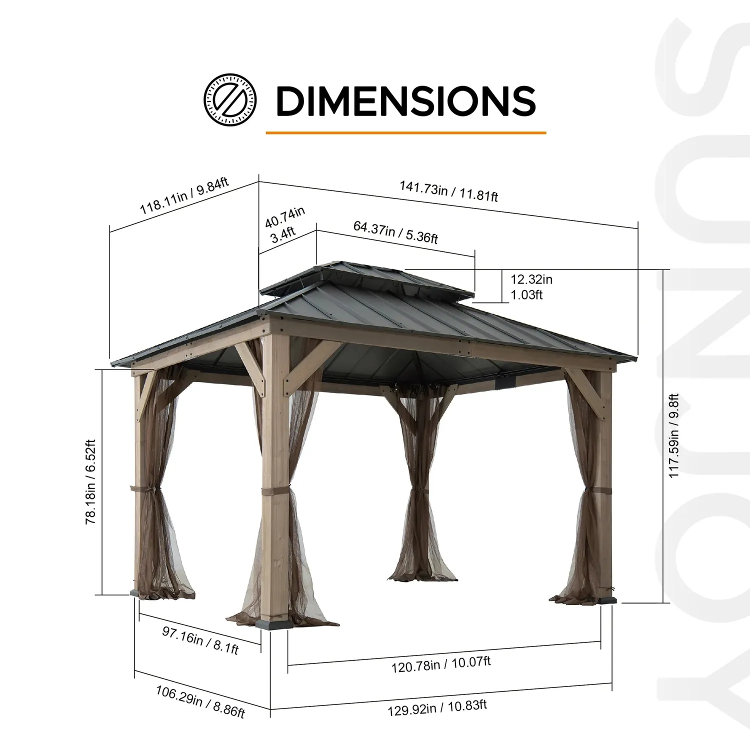 SUNJOY 10x12 Cedar Wood Gazebo with Galvanized Steel Roof, LED String Lights & Mosquito Netting - Brown — view 3