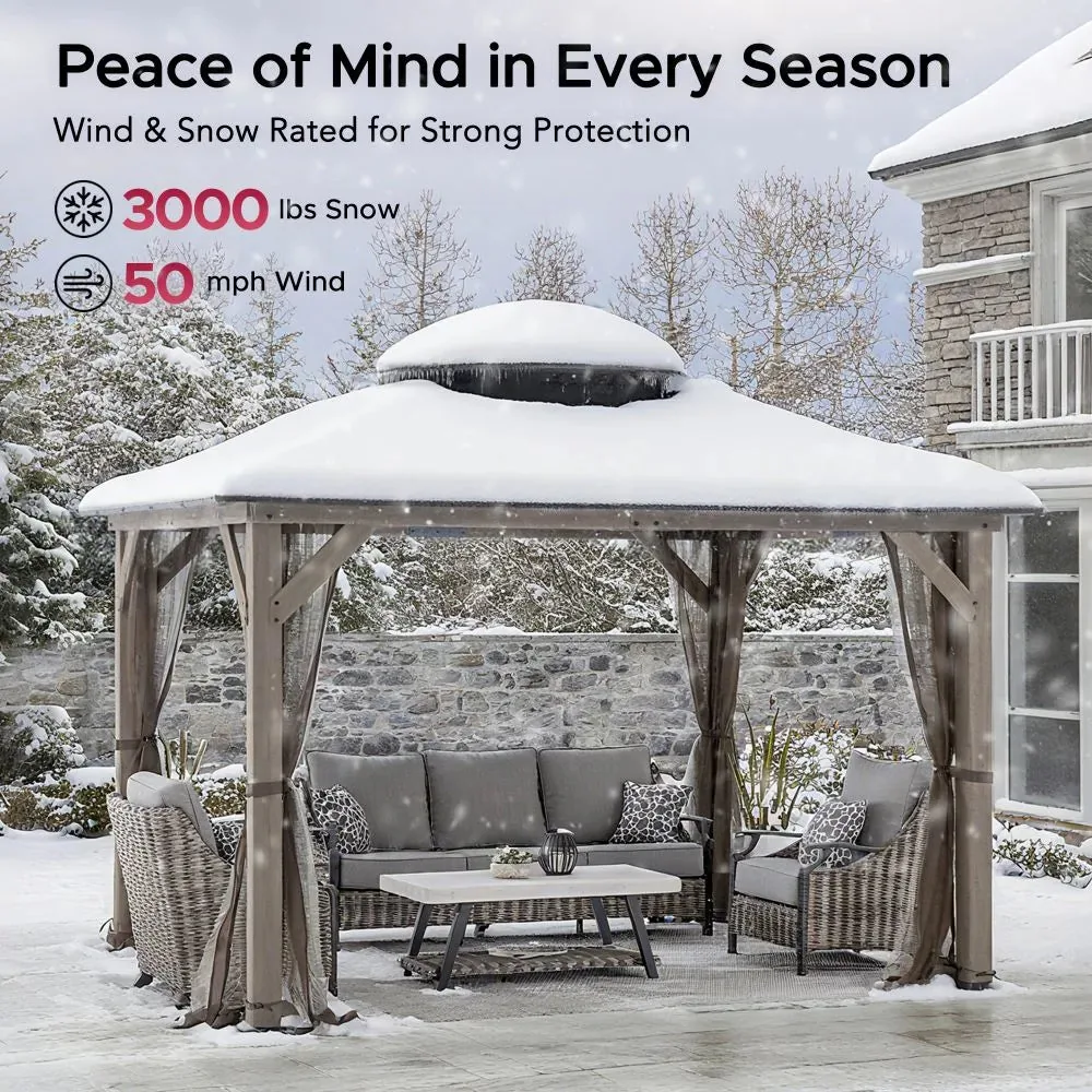 SUNJOY 10x12 Cedar Wood Gazebo with Galvanized Steel Roof, LED String Lights & Mosquito Netting - Brown — view 4